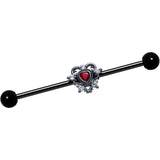 14G Red CZ Gem Black Double Heart Industrial Barbell 38mm - BodyCandy - Flyclothing LLC