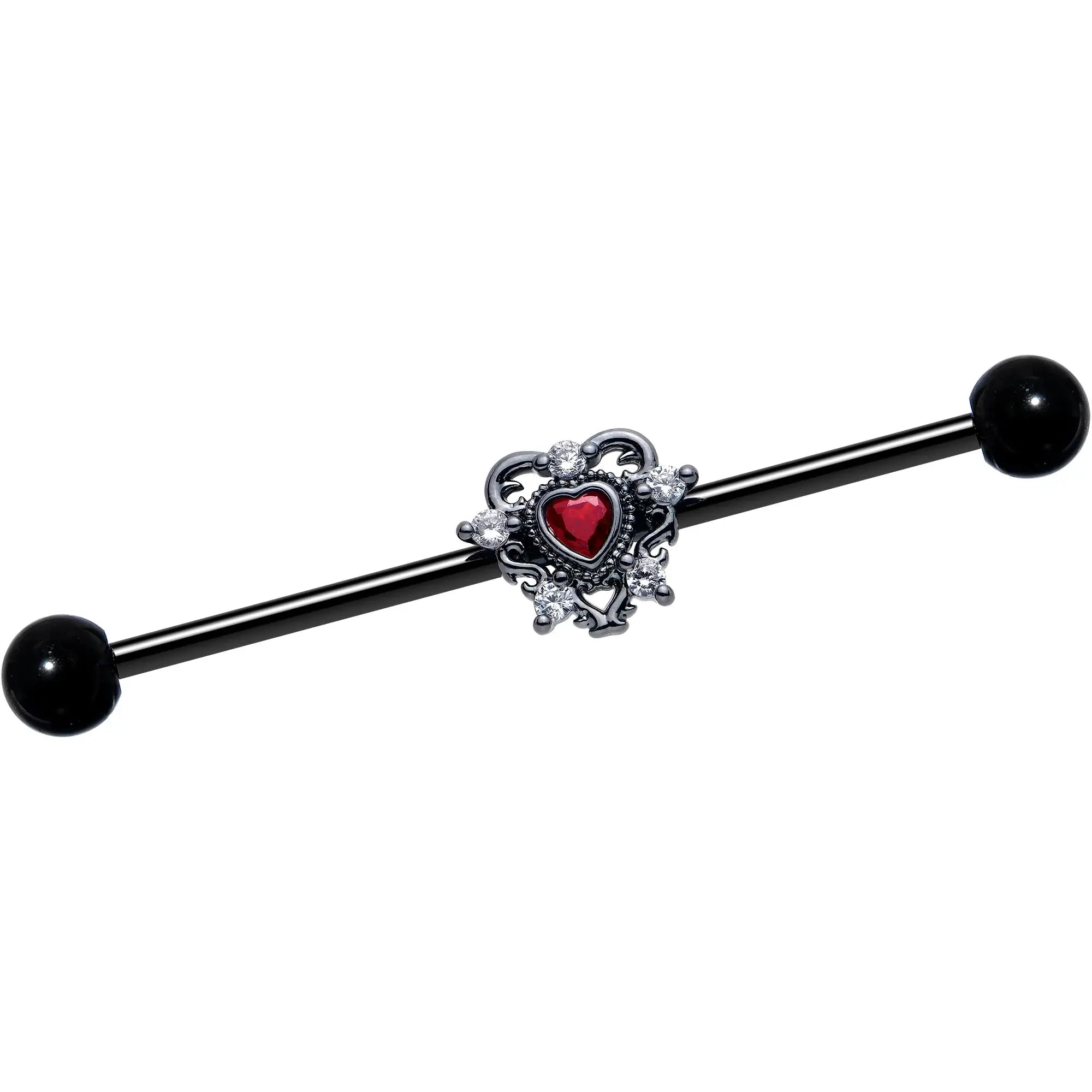 14G Red CZ Gem Black Double Heart Industrial Barbell 38mm - BodyCandy - Flyclothing LLC