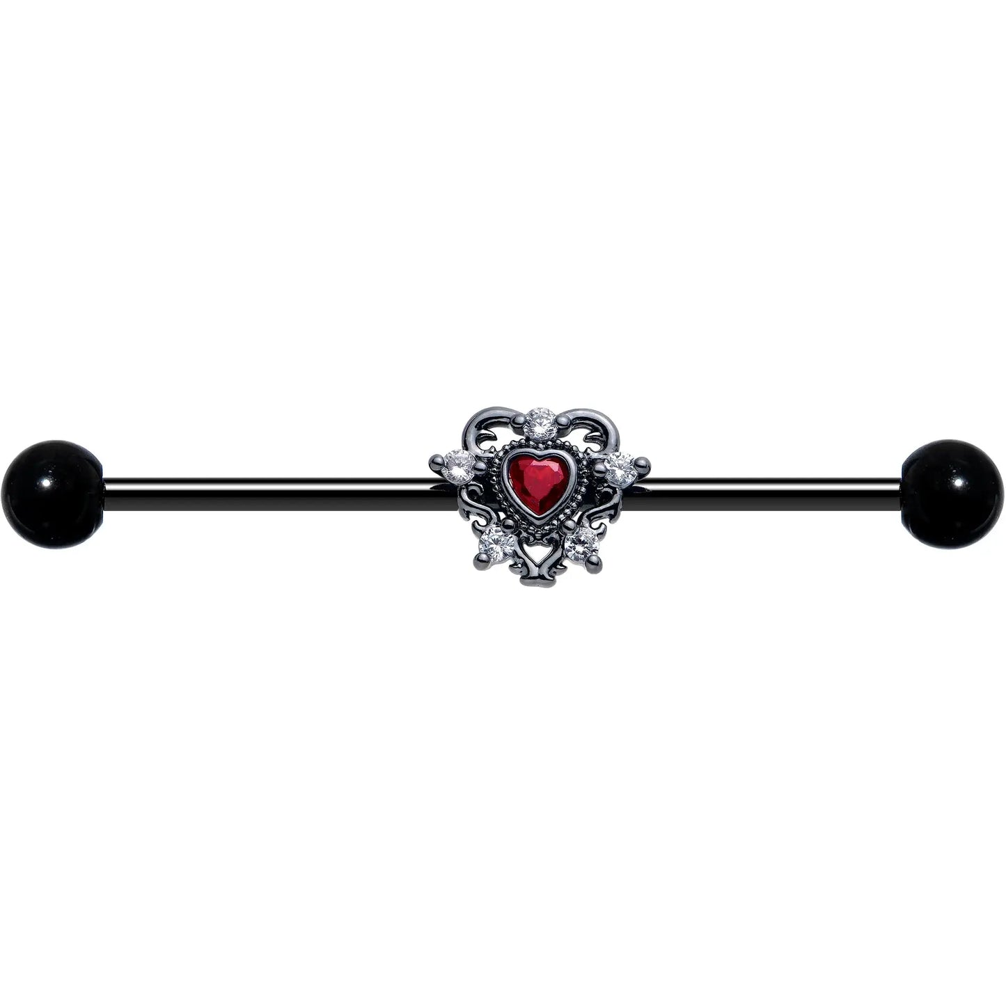 14G Red CZ Gem Black Double Heart Industrial Barbell 38mm - BodyCandy - Flyclothing LLC