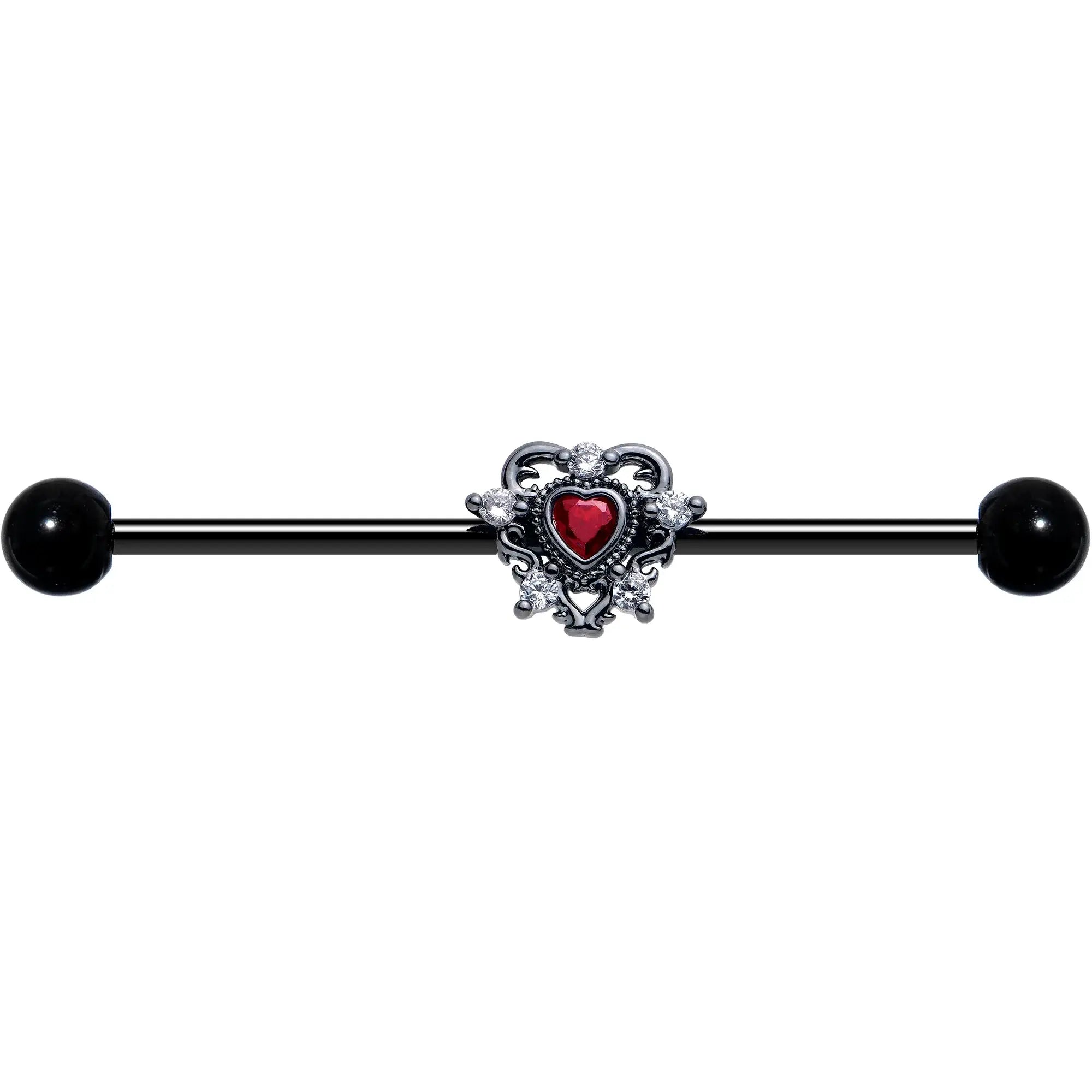 14G Red CZ Gem Black Double Heart Industrial Barbell 38mm - BodyCandy - Flyclothing LLC