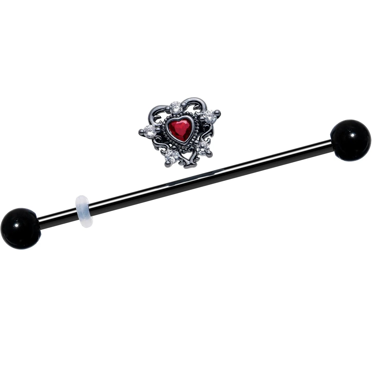14G Red CZ Gem Black Double Heart Industrial Barbell 38mm - BodyCandy - Flyclothing LLC