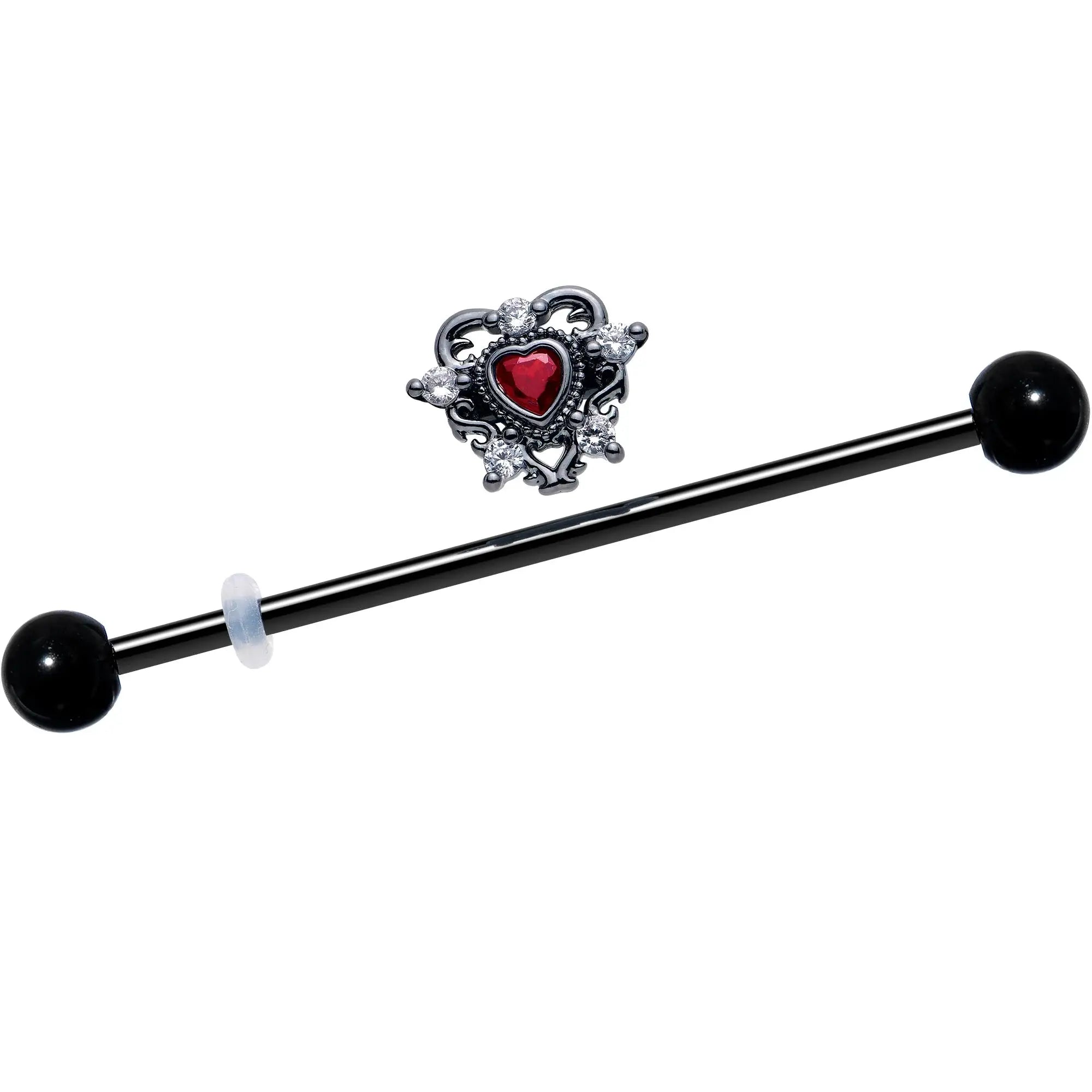 14G Red CZ Gem Black Double Heart Industrial Barbell 38mm - BodyCandy - Flyclothing LLC