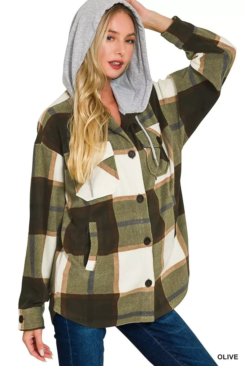 Zenana Plaid Drawstring Hooded Fleece Shacket - Trendsi - Flyclothing LLC