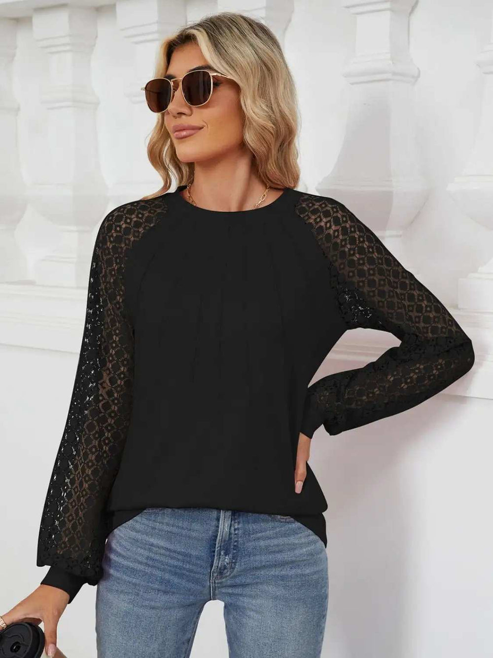 Round Neck Lace Long Sleeve Top - Trendsi - Flyclothing LLC