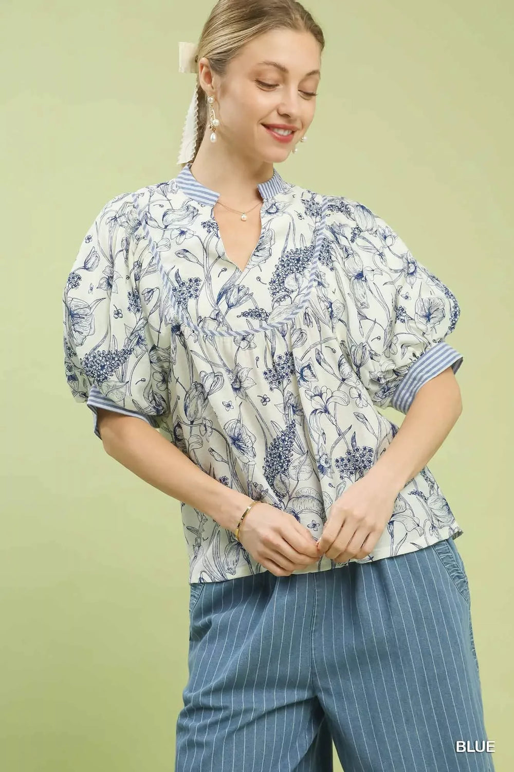 Umgee Mixed Print Puff Sleeve Split Neck Top - Trendsi - Flyclothing LLC