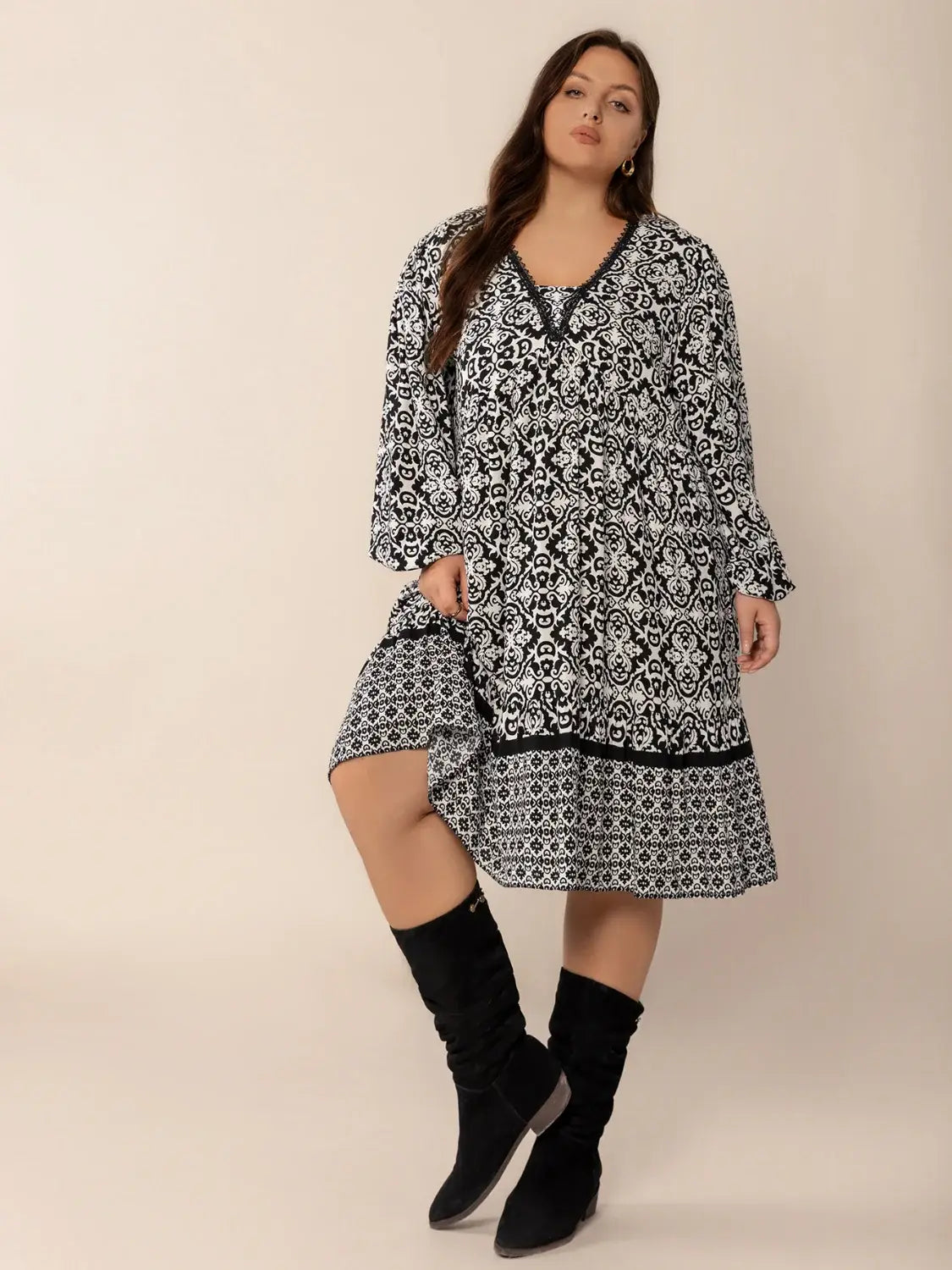 Plus Size Lace Detail Printed Balloon Sleeve Dress - Trendsi - Flyclothing LLC
