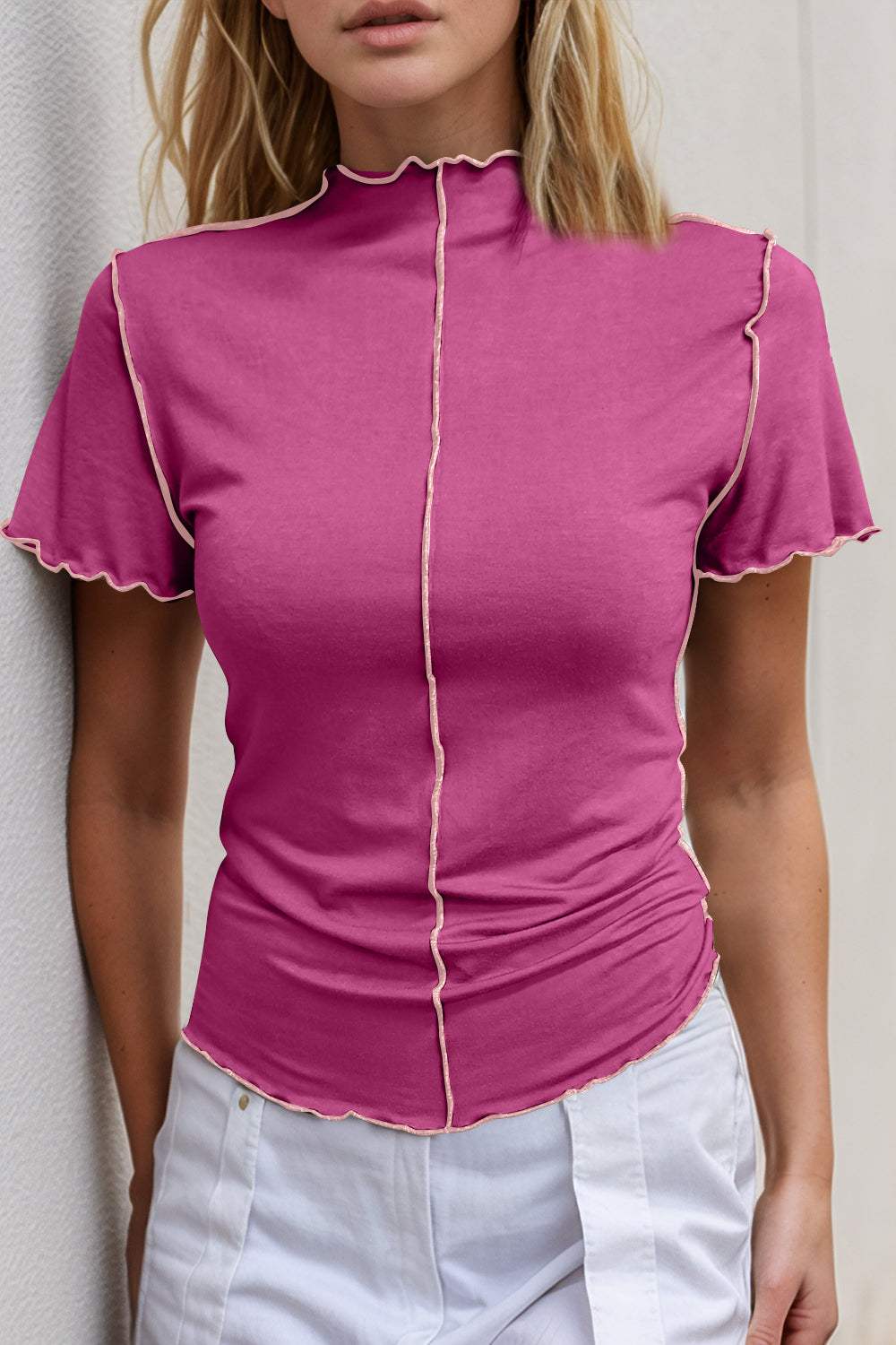 Basic Bae Contrast Trim Mock Neck Short Sleeve T-Shirt - Trendsi - Flyclothing LLC