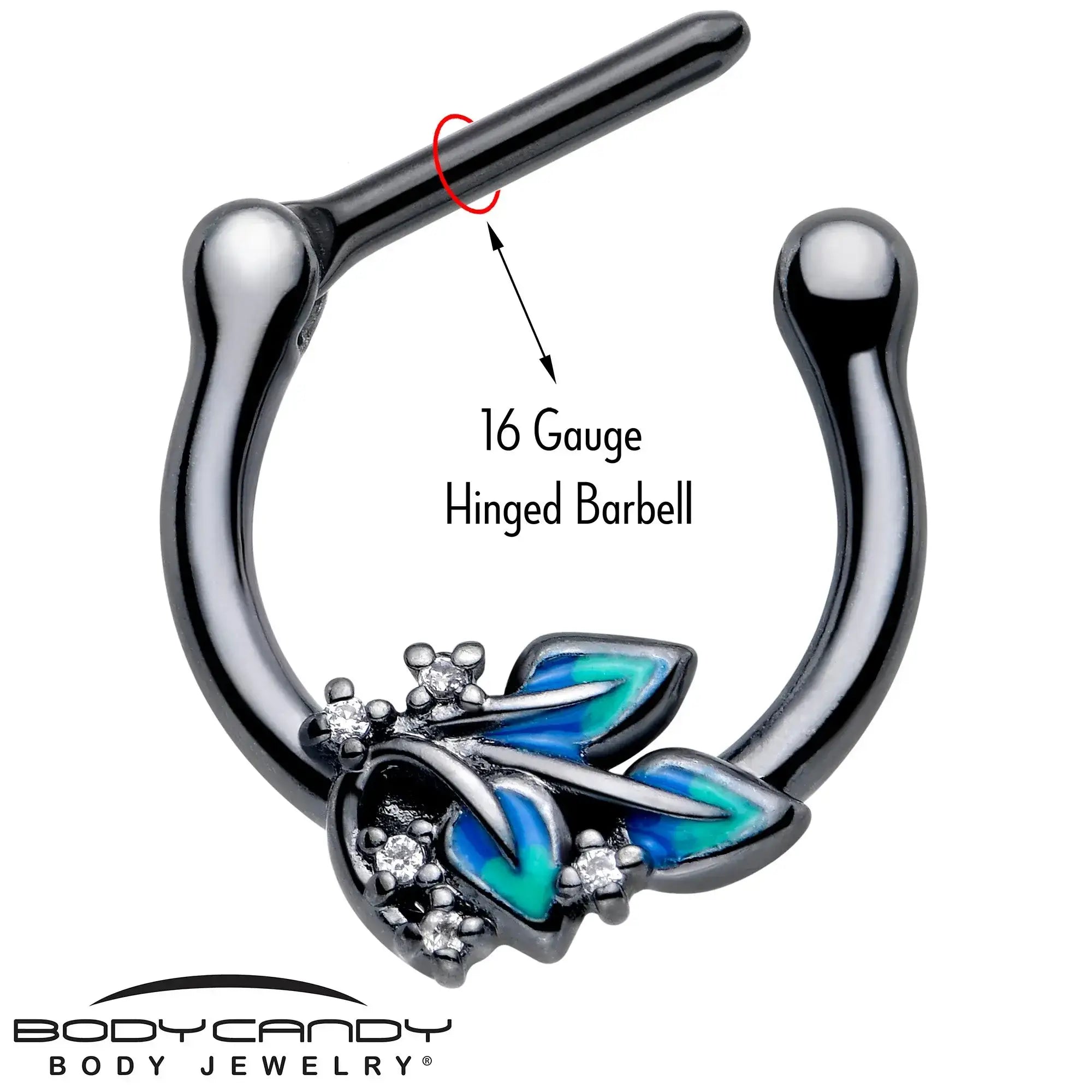16G 5/16 Clear CZ Gem Black Lush Leaves Cartilage Clicker - BodyCandy - Flyclothing LLC