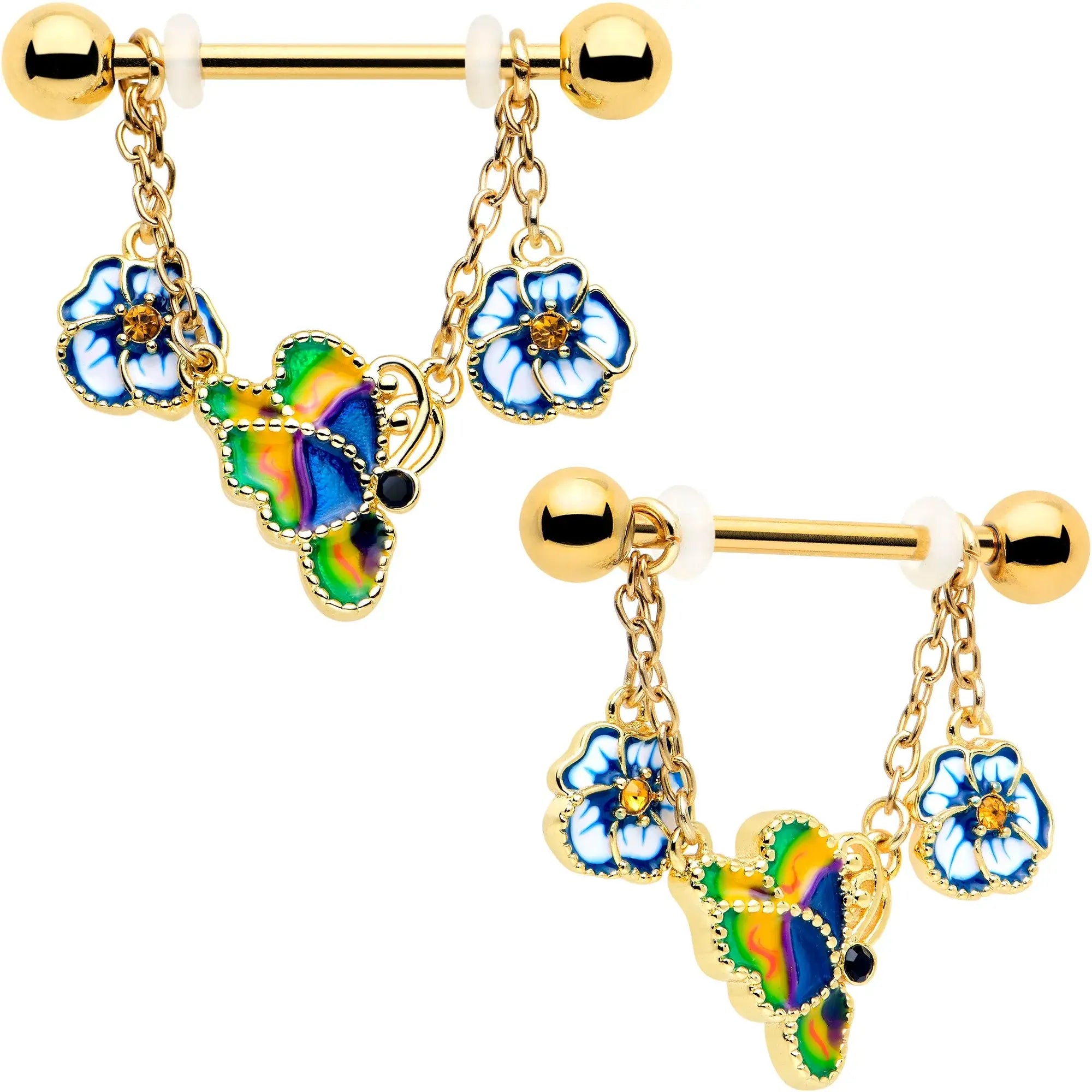 14G 9/16 Yellow Gem Gold Tone Butterfly Colors Dangle Nipple Ring Set - BodyCandy - Flyclothing LLC