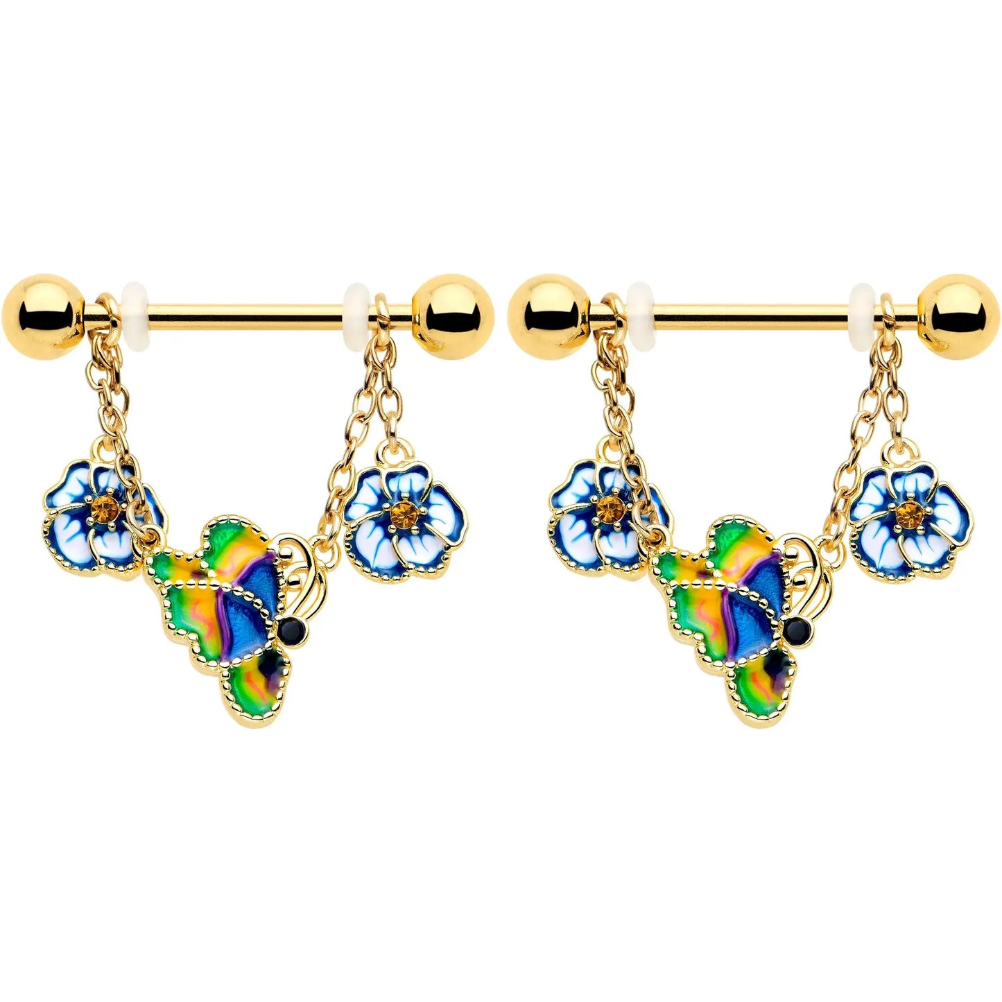 14G 9/16 Yellow Gem Gold Tone Butterfly Colors Dangle Nipple Ring Set - BodyCandy - Flyclothing LLC