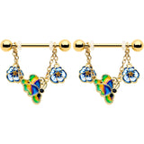 14G 9/16 Yellow Gem Gold Tone Butterfly Colors Dangle Nipple Ring Set - BodyCandy - Flyclothing LLC