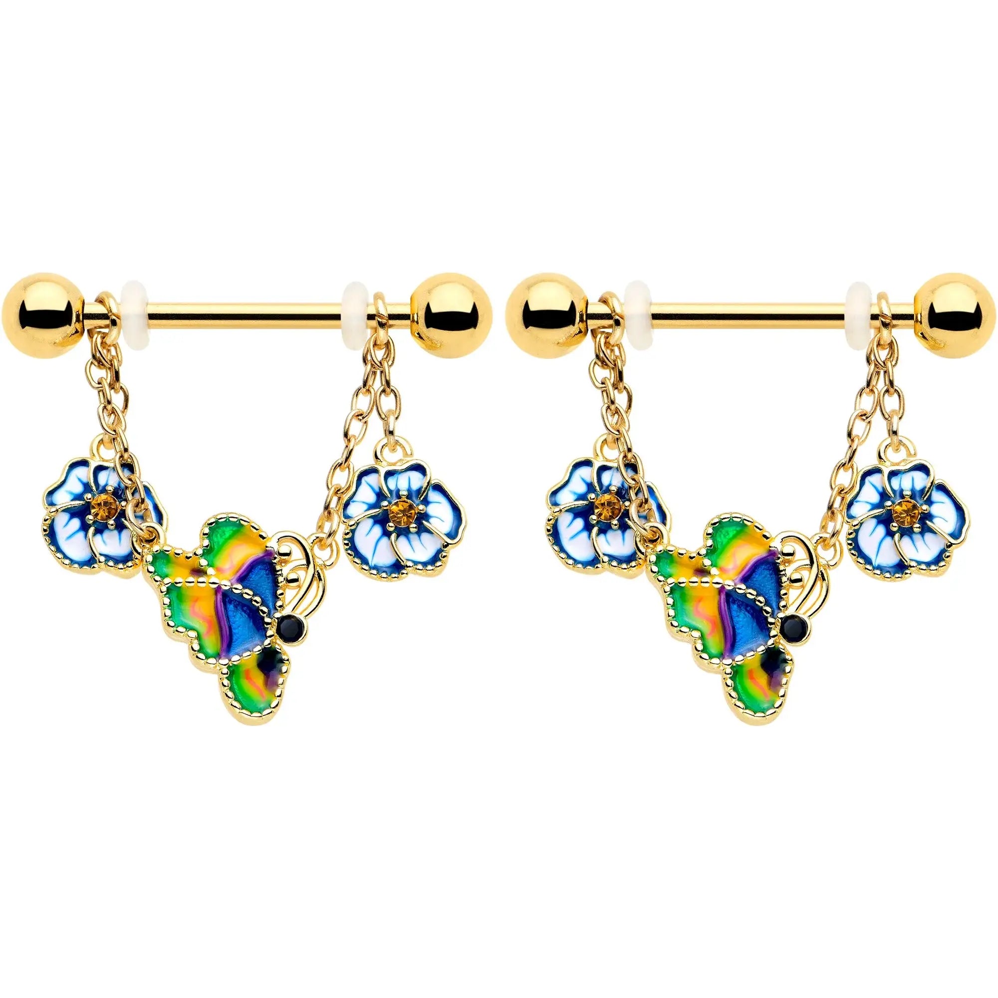 14G 9/16 Yellow Gem Gold Tone Butterfly Colors Dangle Nipple Ring Set - BodyCandy - Flyclothing LLC