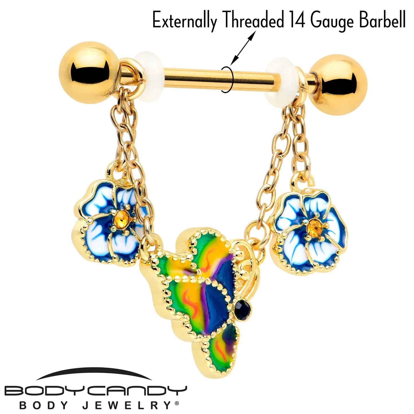 14G 9/16 Yellow Gem Gold Tone Butterfly Colors Dangle Nipple Ring Set - BodyCandy - Flyclothing LLC