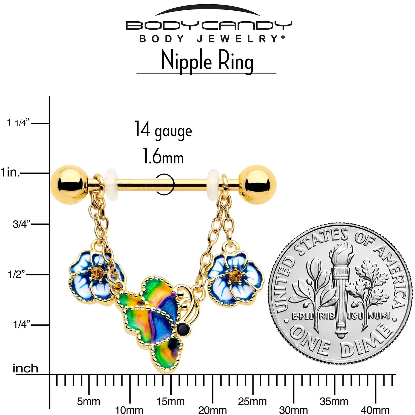 14G 9/16 Yellow Gem Gold Tone Butterfly Colors Dangle Nipple Ring Set - BodyCandy - Flyclothing LLC