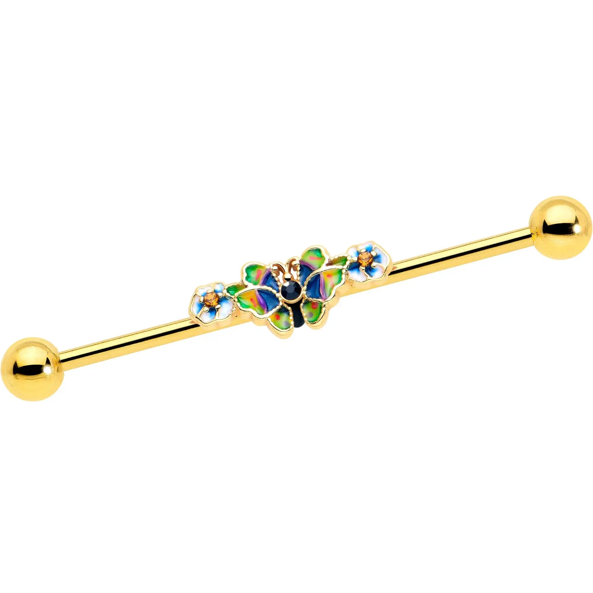 14G Blue Gem Gold Tone Butterfly Colors Industrial Barbell 38mm - BodyCandy - Flyclothing LLC