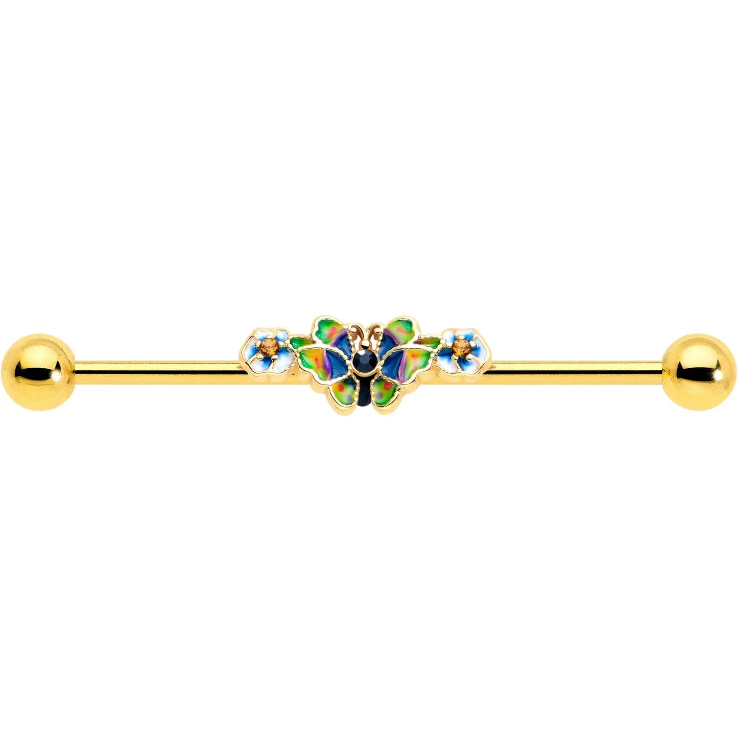 14G Blue Gem Gold Tone Butterfly Colors Industrial Barbell 38mm - BodyCandy - Flyclothing LLC