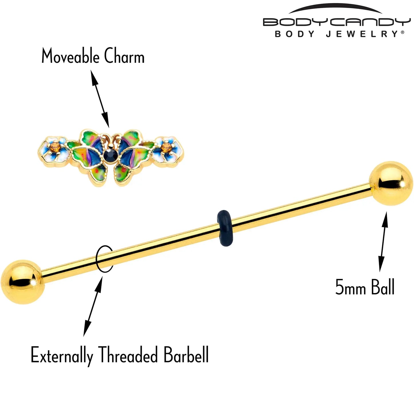 14G Blue Gem Gold Tone Butterfly Colors Industrial Barbell 38mm - BodyCandy - Flyclothing LLC