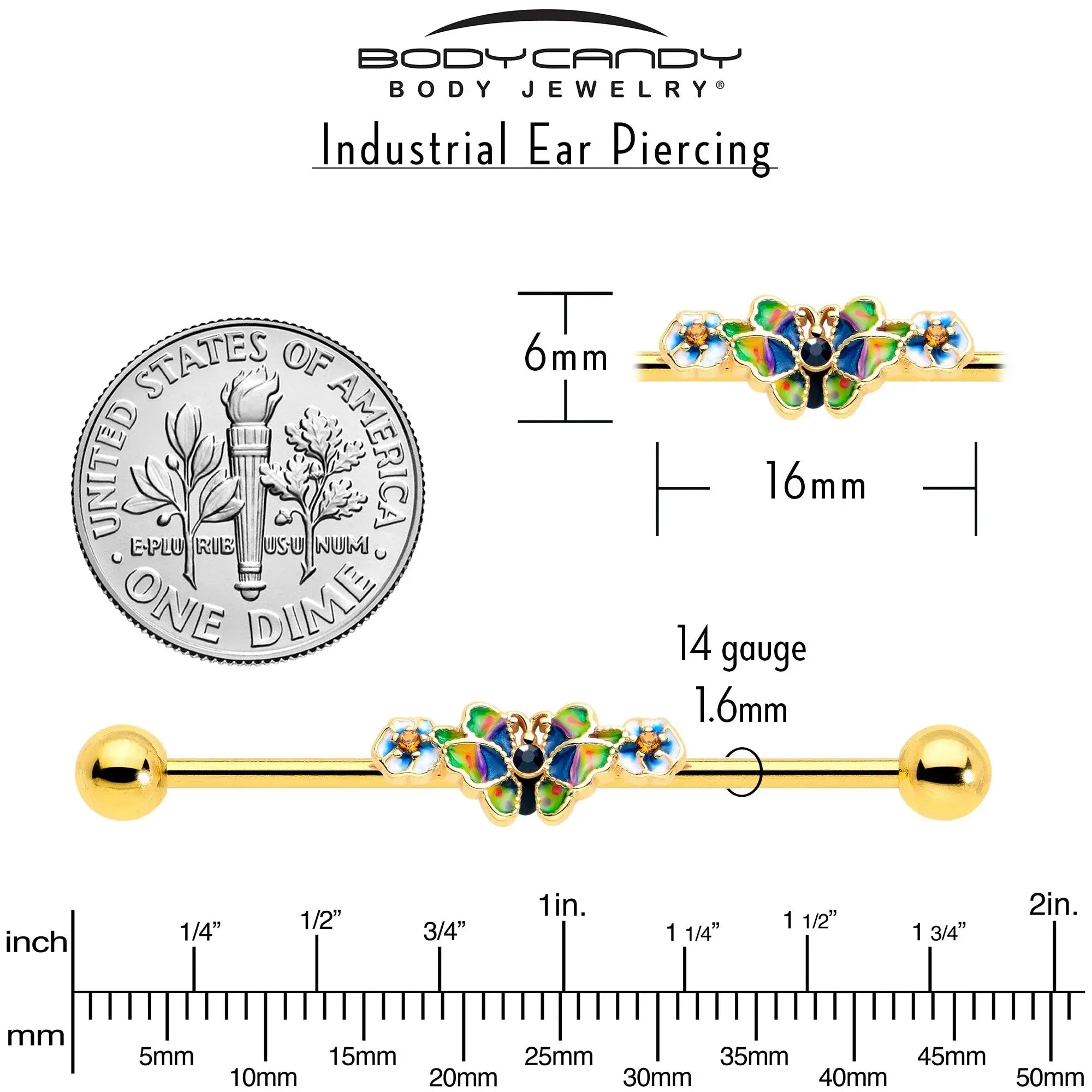 14G Blue Gem Gold Tone Butterfly Colors Industrial Barbell 38mm - BodyCandy - Flyclothing LLC