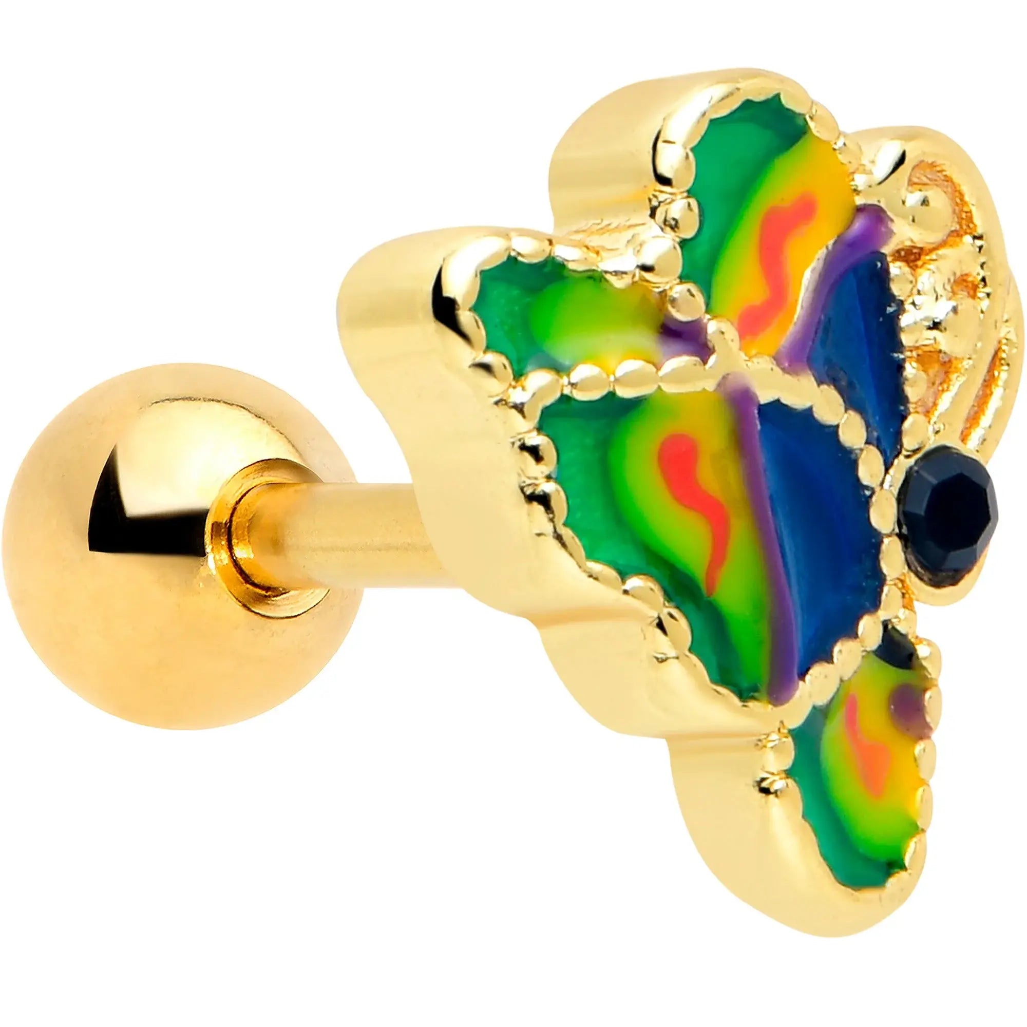 16G 1/4 Blue Gem Gold Tone Butterfly Colors Cartilage Tragus Earring - BodyCandy - Flyclothing LLC