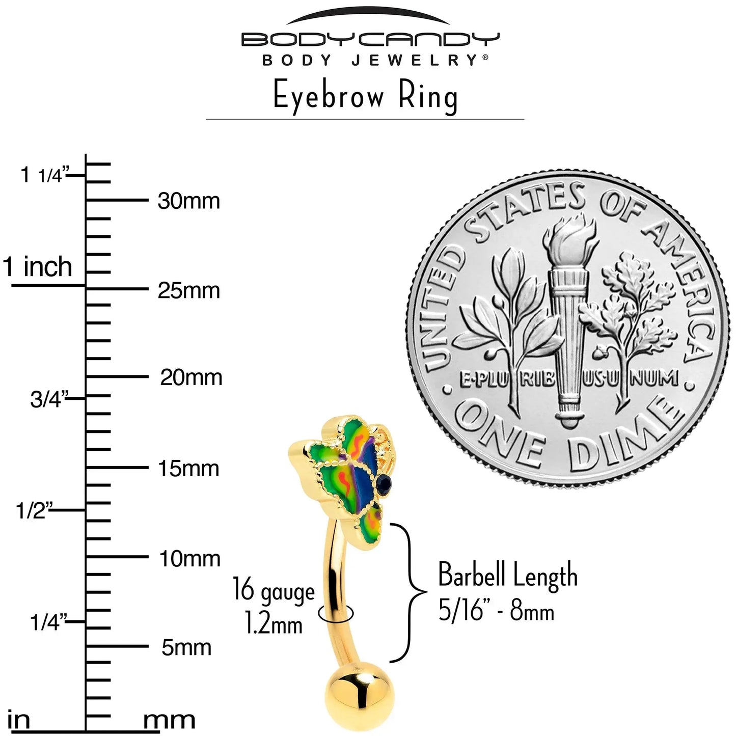 16G 5/16 Blue Gem Gold Tone Butterfly Colors Curved Eyebrow Ring - BodyCandy - Flyclothing LLC