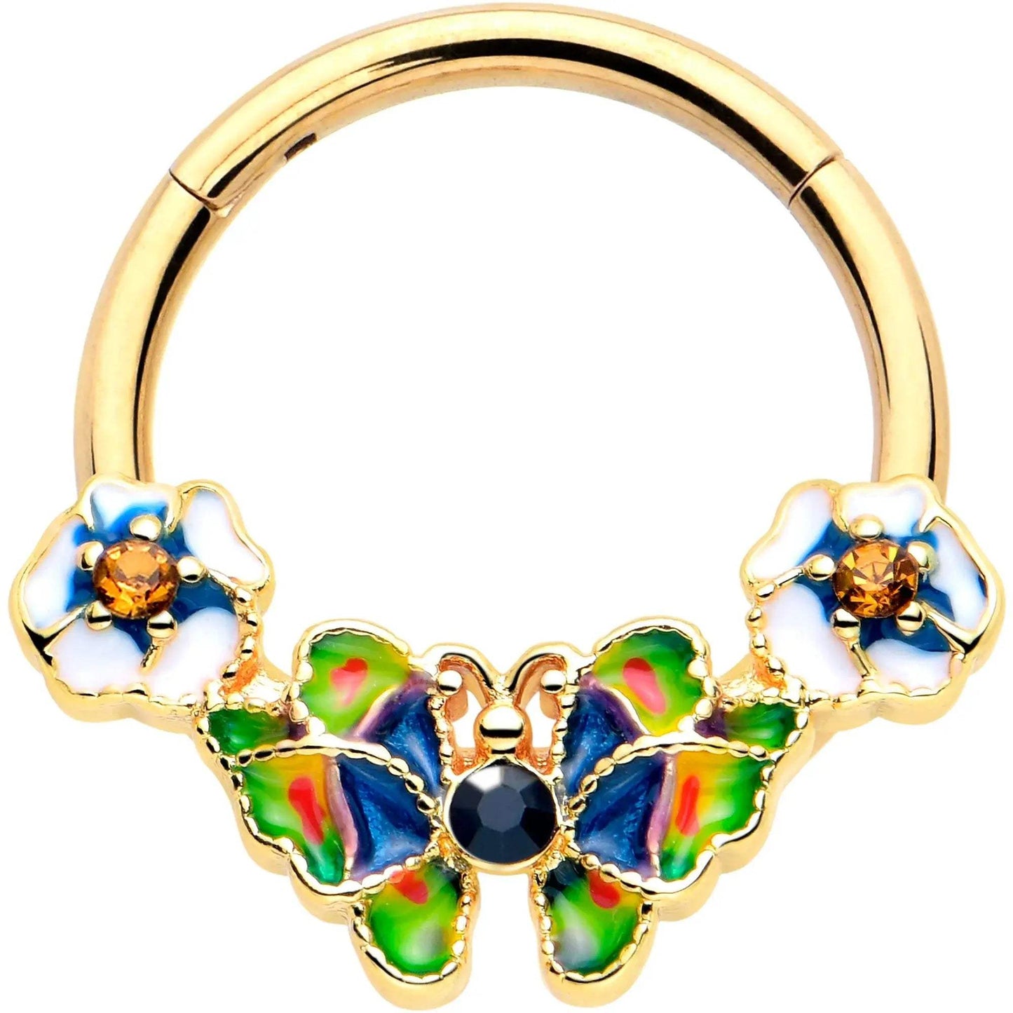 16G 3/8 Blue Gem Gold Tone Butterfly Colors Hinged Segment Ring - BodyCandy - Flyclothing LLC
