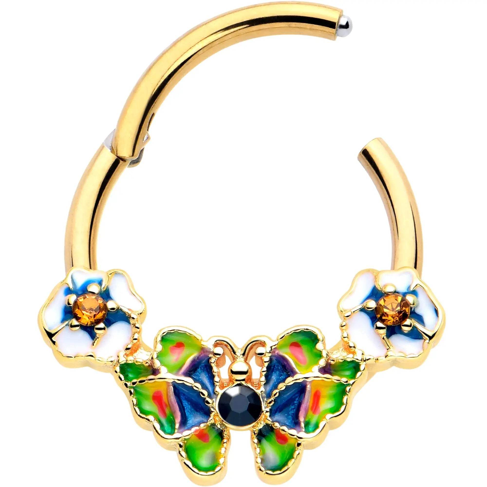 16G 3/8 Blue Gem Gold Tone Butterfly Colors Hinged Segment Ring - BodyCandy - Flyclothing LLC