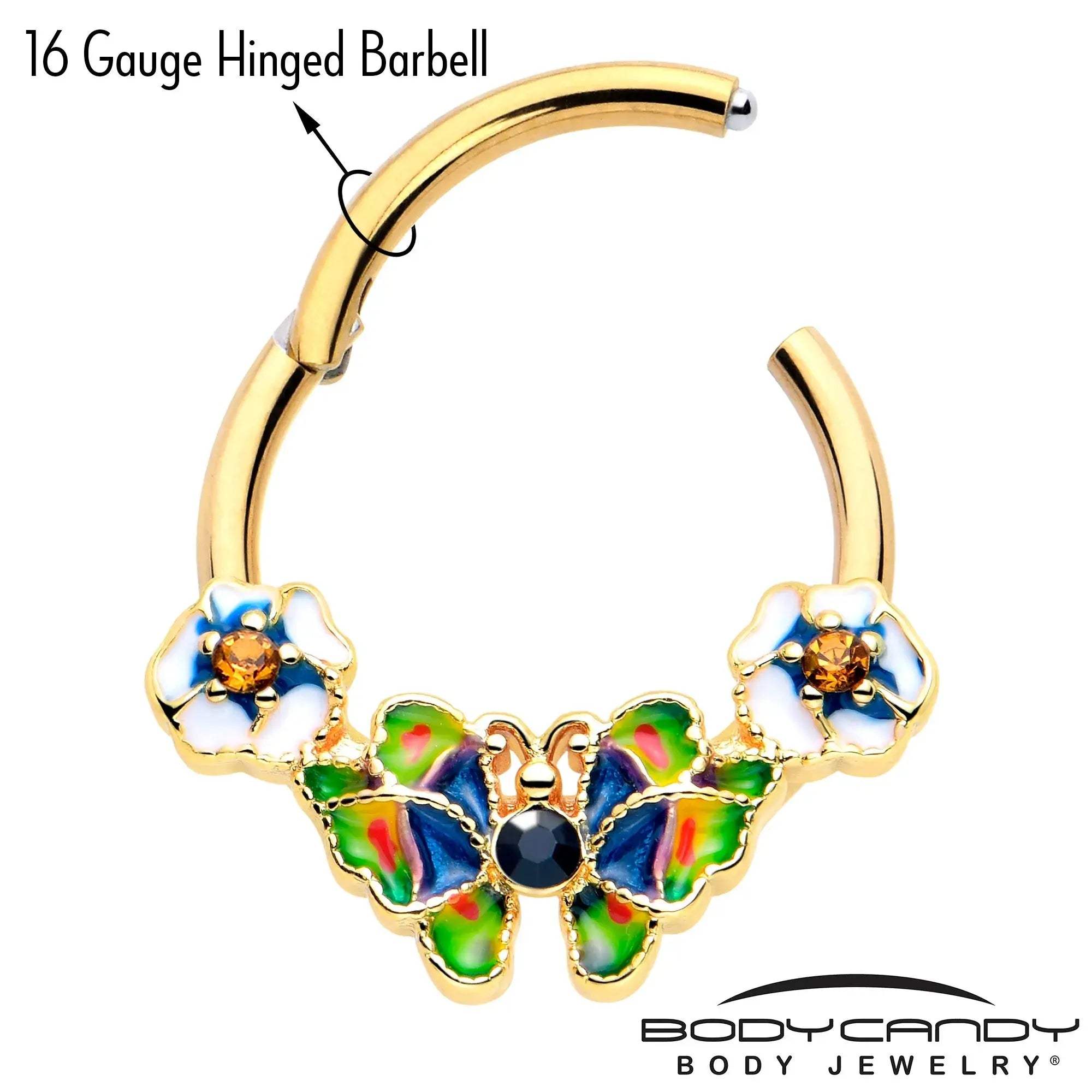 16G 3/8 Blue Gem Gold Tone Butterfly Colors Hinged Segment Ring - BodyCandy - Flyclothing LLC