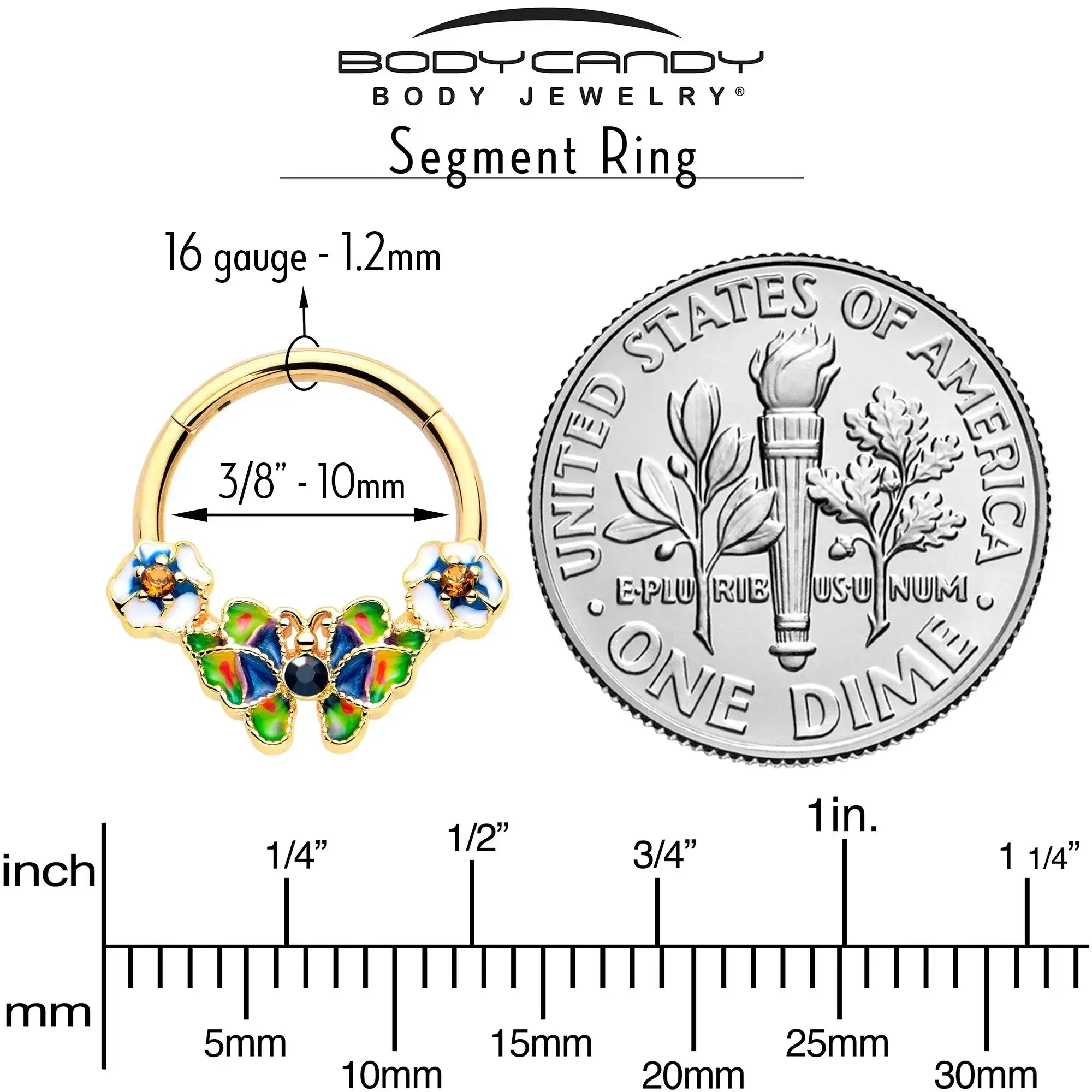 16G 3/8 Blue Gem Gold Tone Butterfly Colors Hinged Segment Ring - BodyCandy - Flyclothing LLC
