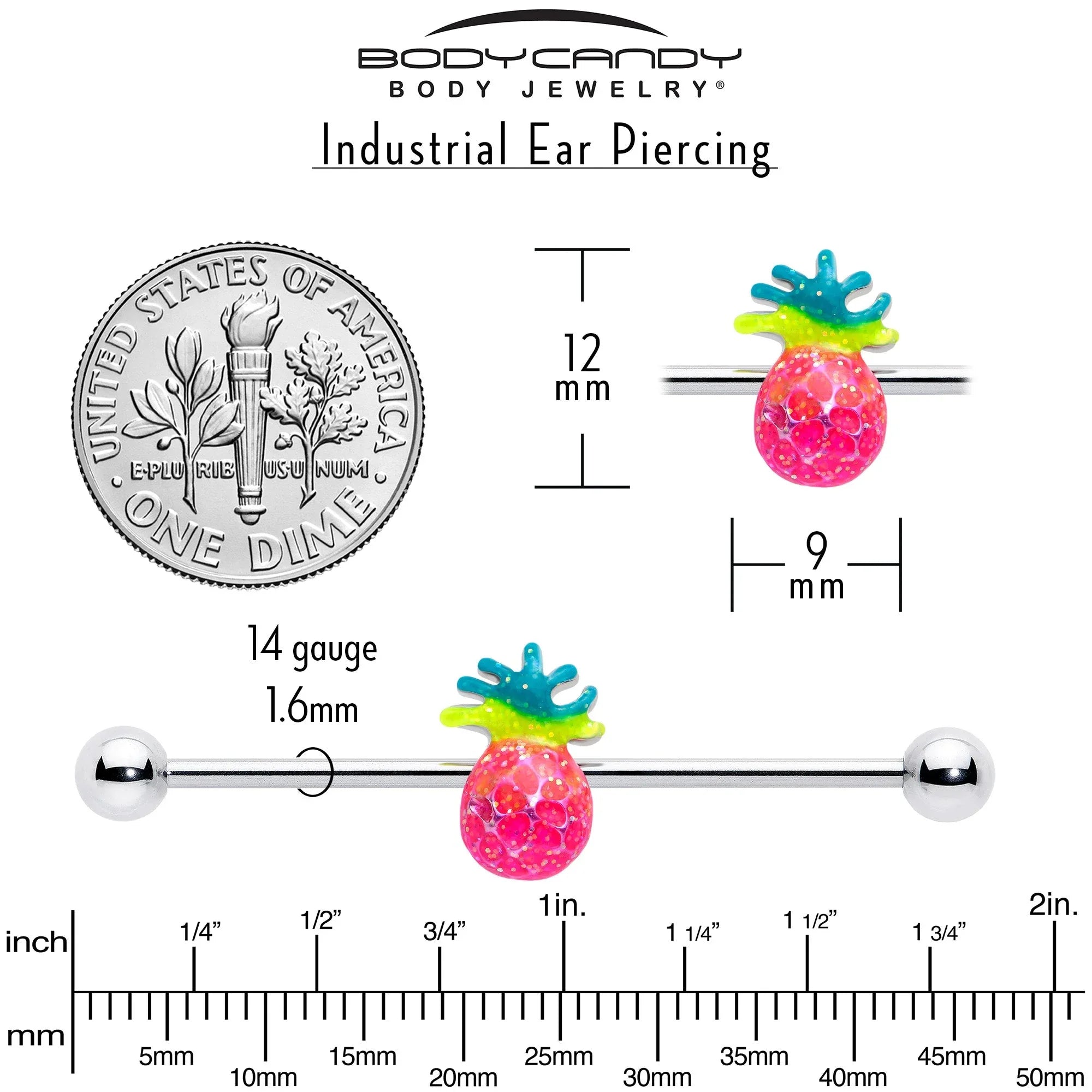 14G Hot Tropical Pineapple Industrial Barbell 38mm - BodyCandy - Flyclothing LLC