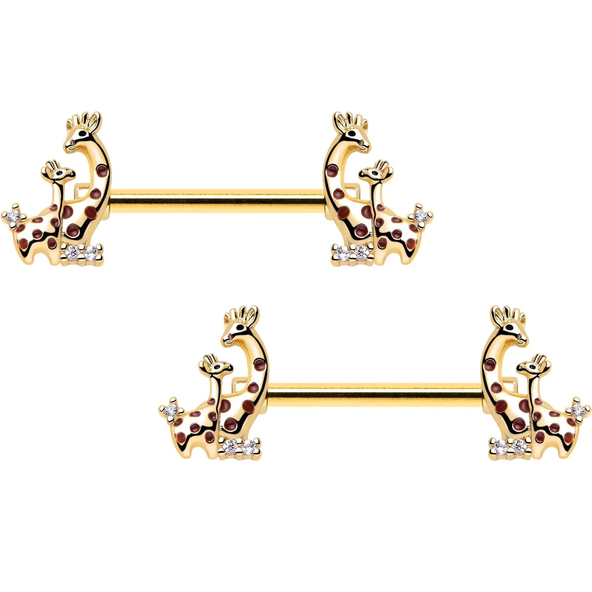 14G 9/16 Clear CZ Gem Gold Tone Mom Baby Giraffes Nipple Ring Set - BodyCandy - Flyclothing LLC