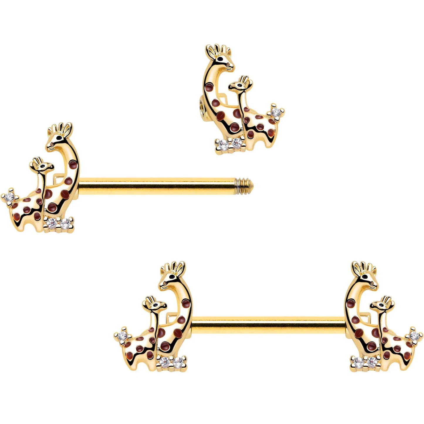 14G 9/16 Clear CZ Gem Gold Tone Mom Baby Giraffes Nipple Ring Set - BodyCandy - Flyclothing LLC