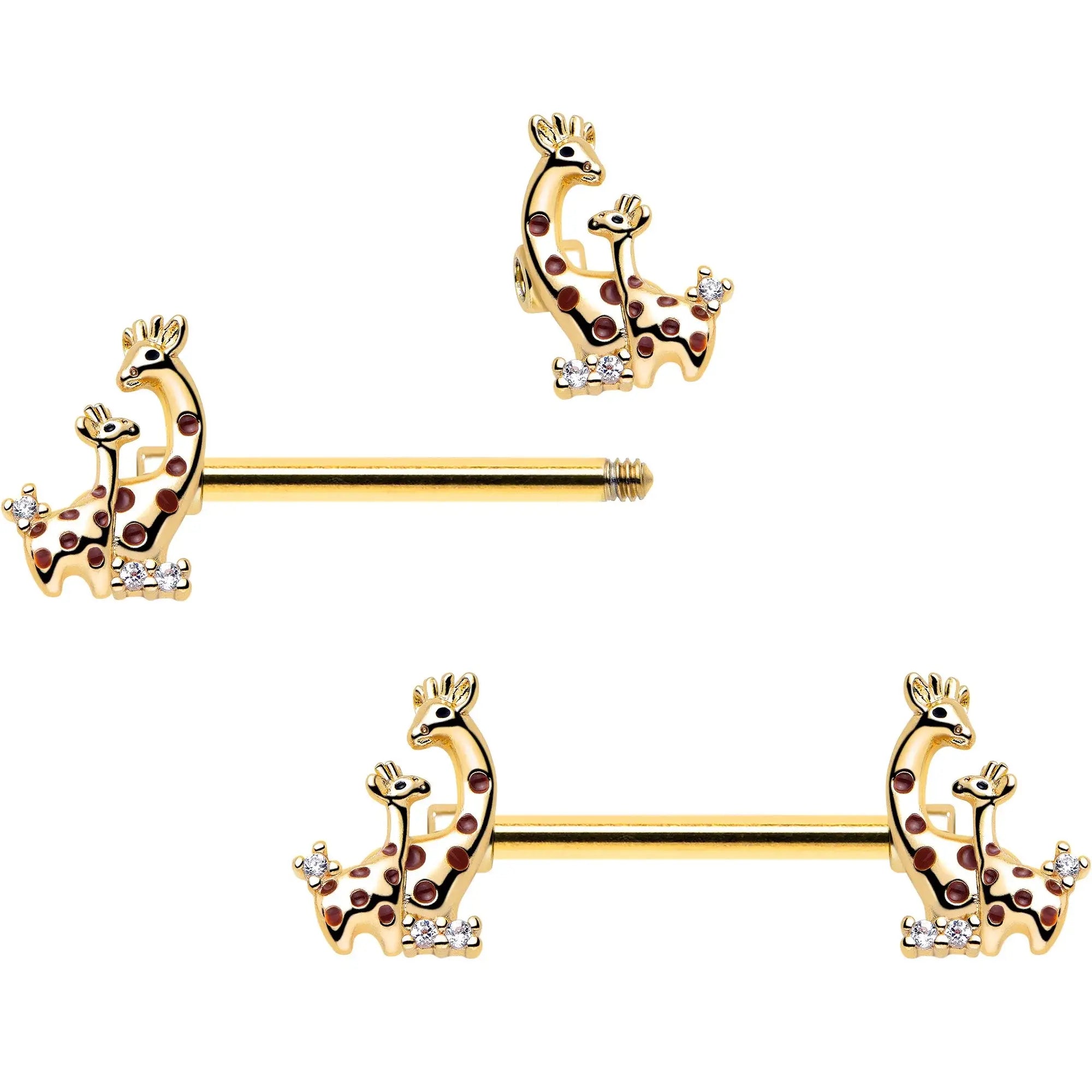 14G 9/16 Clear CZ Gem Gold Tone Mom Baby Giraffes Nipple Ring Set - BodyCandy - Flyclothing LLC