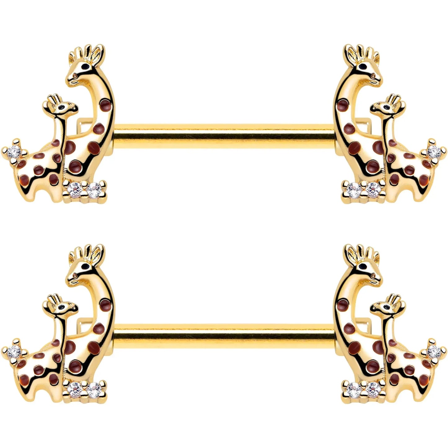 14G 9/16 Clear CZ Gem Gold Tone Mom Baby Giraffes Nipple Ring Set - BodyCandy - Flyclothing LLC