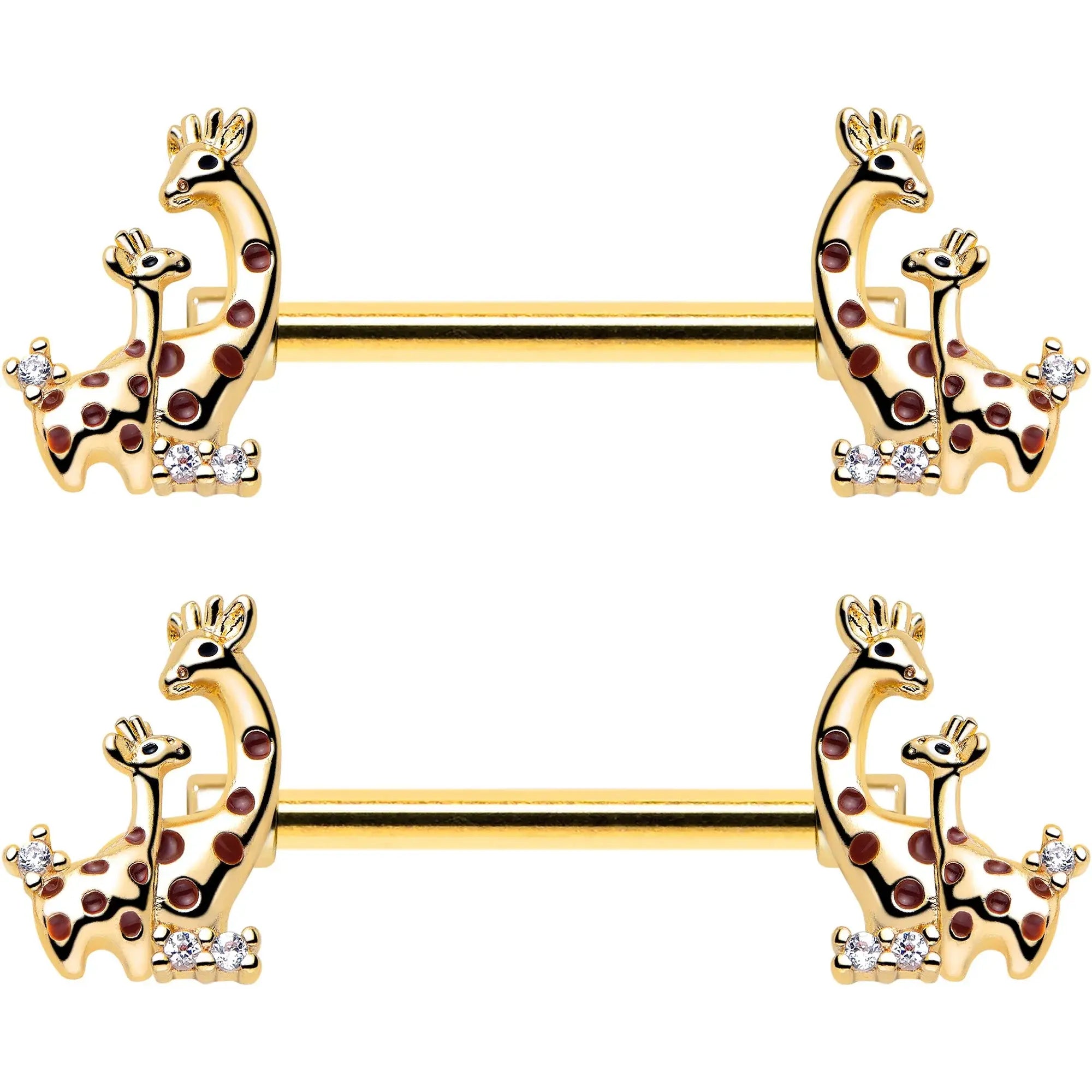 14G 9/16 Clear CZ Gem Gold Tone Mom Baby Giraffes Nipple Ring Set - BodyCandy - Flyclothing LLC