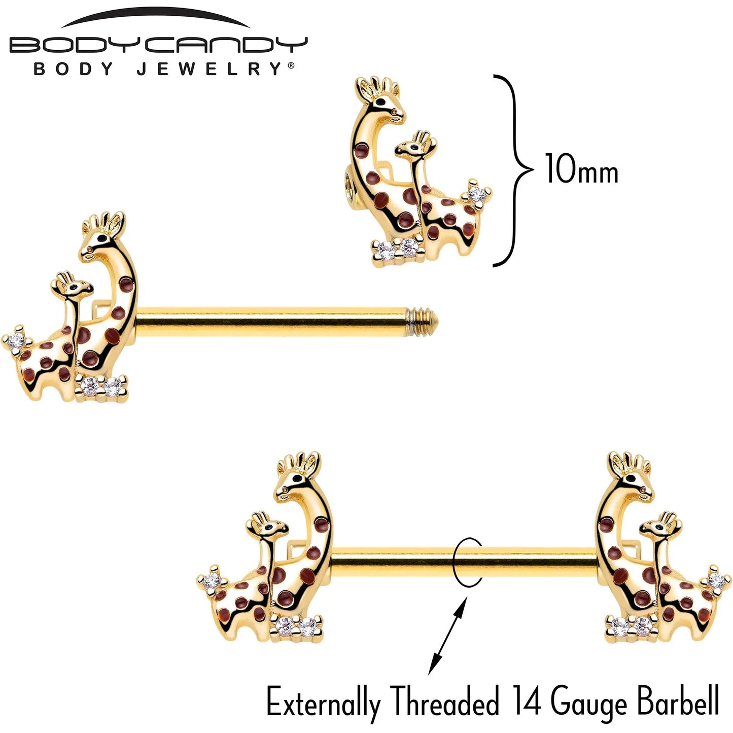 14G 9/16 Clear CZ Gem Gold Tone Mom Baby Giraffes Nipple Ring Set - BodyCandy - Flyclothing LLC