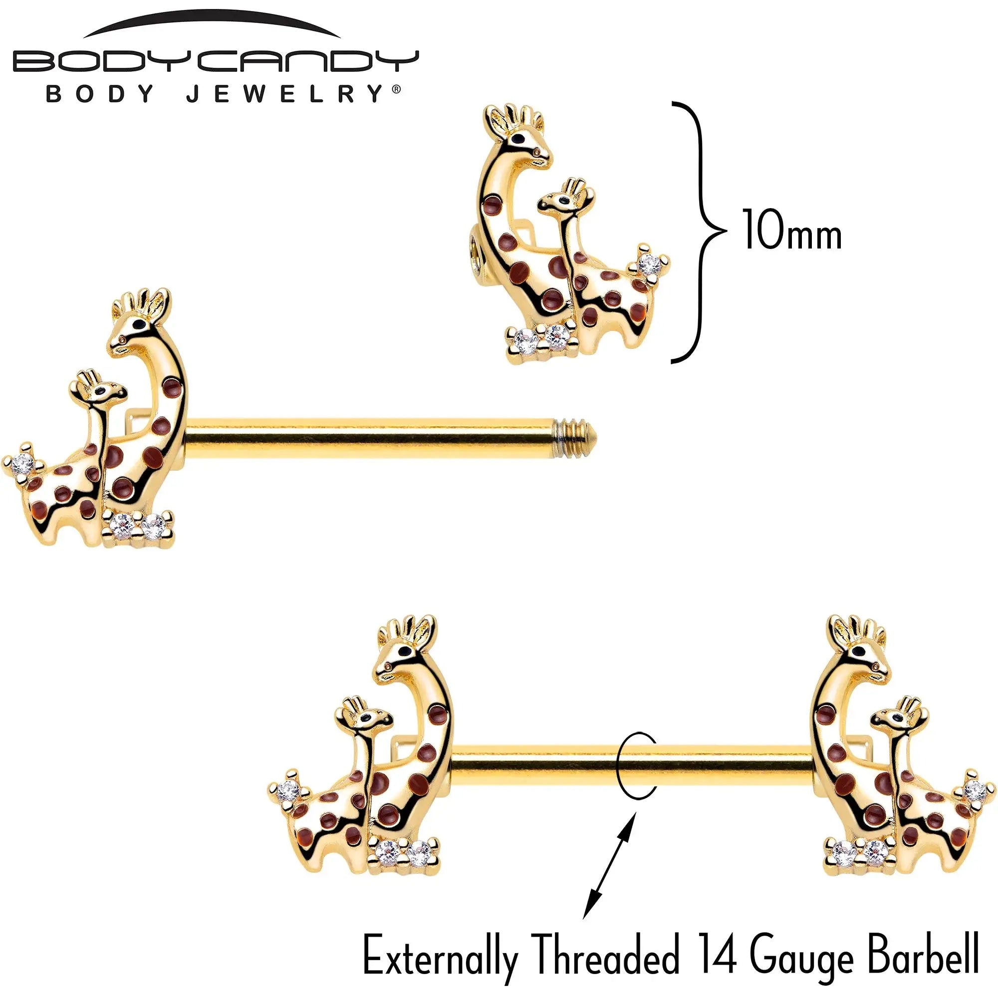 14G 9/16 Clear CZ Gem Gold Tone Mom Baby Giraffes Nipple Ring Set - BodyCandy - Flyclothing LLC