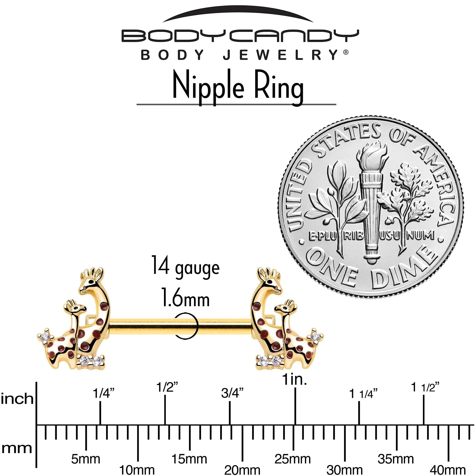 14G 9/16 Clear CZ Gem Gold Tone Mom Baby Giraffes Nipple Ring Set - BodyCandy - Flyclothing LLC