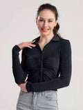 Ruched Button Up Long Sleeve T-Shirt - Trendsi - Flyclothing LLC