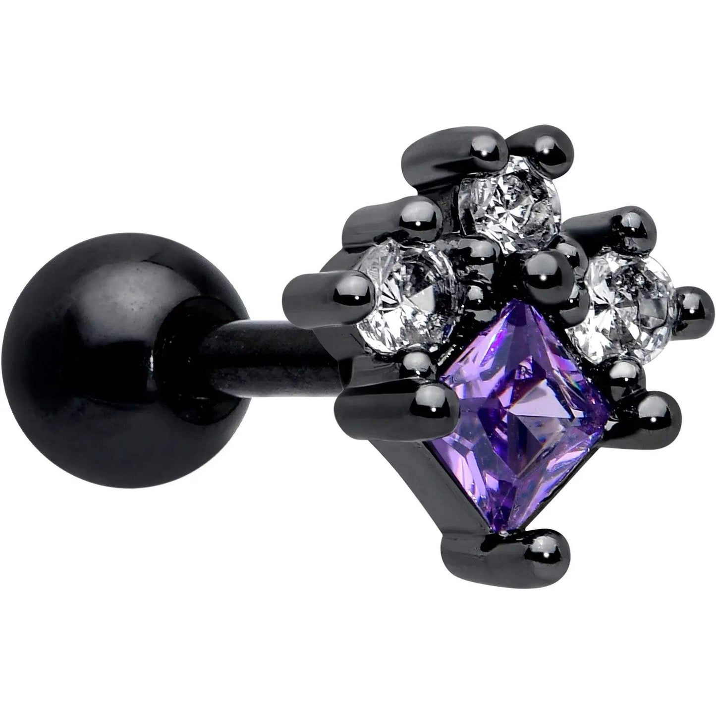 16G 1/4 Purple CZ Gem Black Rhombus Riot Cartilage Tragus Earring - BodyCandy - Flyclothing LLC