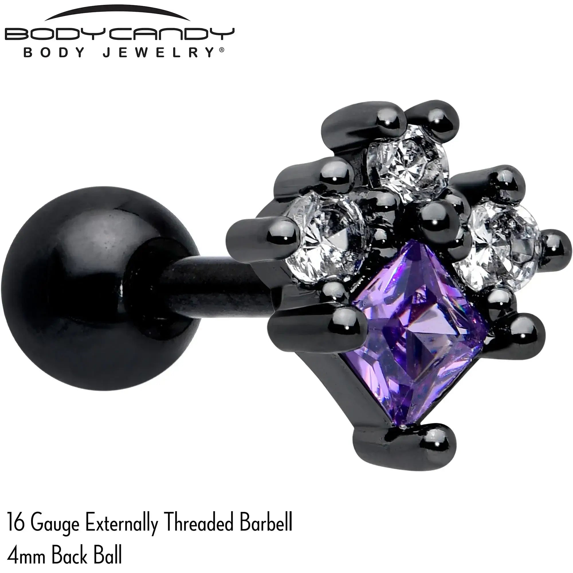 16G 1/4 Purple CZ Gem Black Rhombus Riot Cartilage Tragus Earring - BodyCandy - Flyclothing LLC