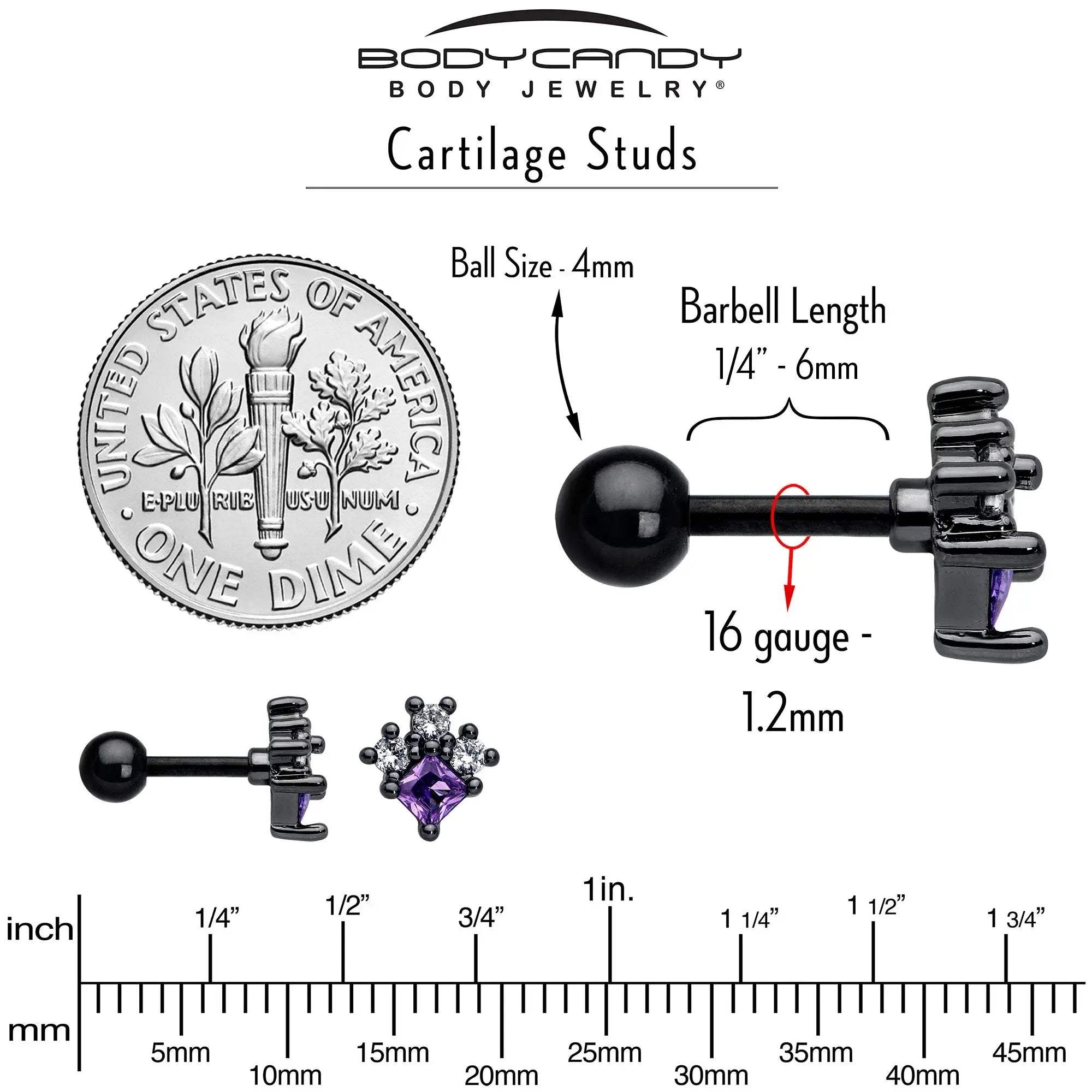 16G 1/4 Purple CZ Gem Black Rhombus Riot Cartilage Tragus Earring - BodyCandy - Flyclothing LLC