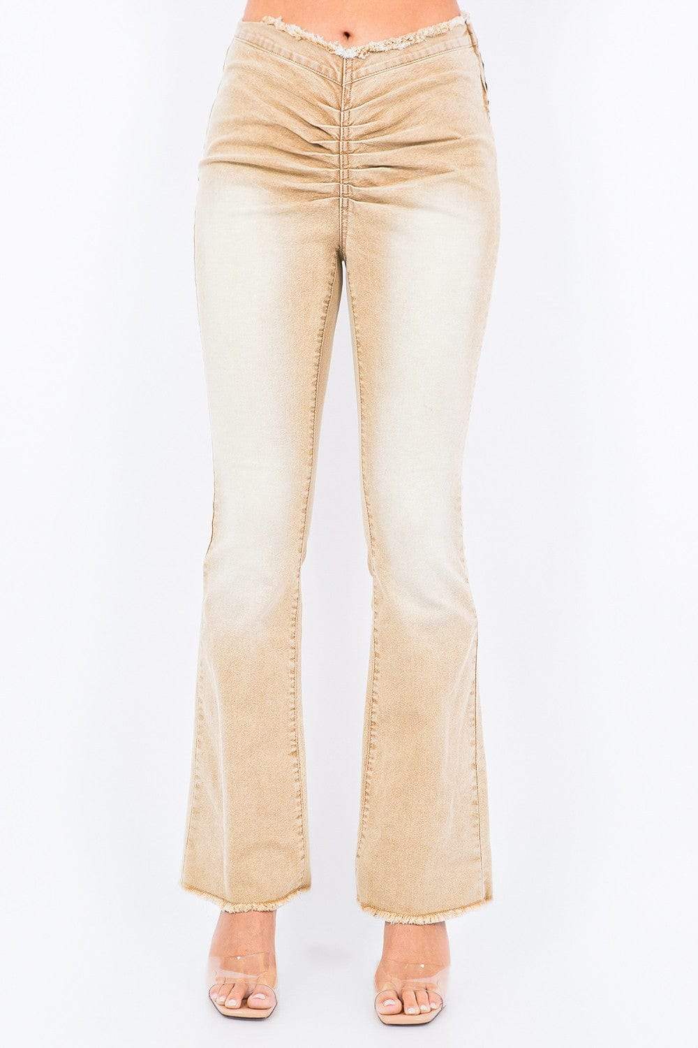 American Bazi V-Cut Ruched Flare Pants - Trendsi - Flyclothing LLC