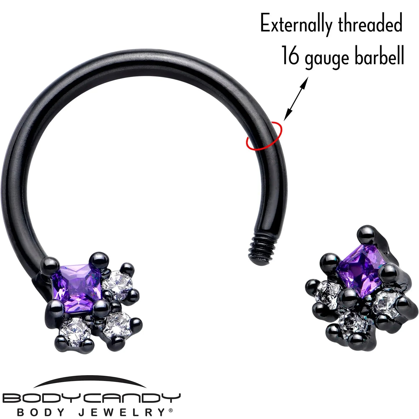 16G 3/8 Purple CZ Gem Black Rhombus Riot Horseshoe Circular Barbell - BodyCandy - Flyclothing LLC