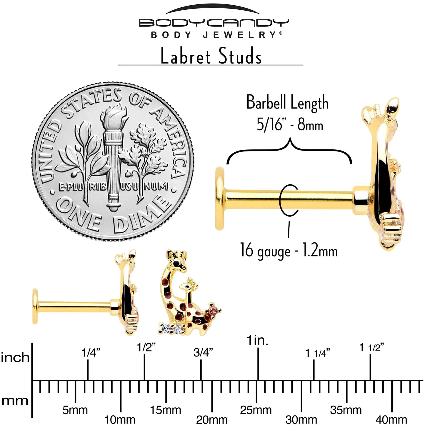 16G 5/16 Clear CZ Gem Gold Tone Mom Baby Giraffe Flatback Stud - BodyCandy - Flyclothing LLC