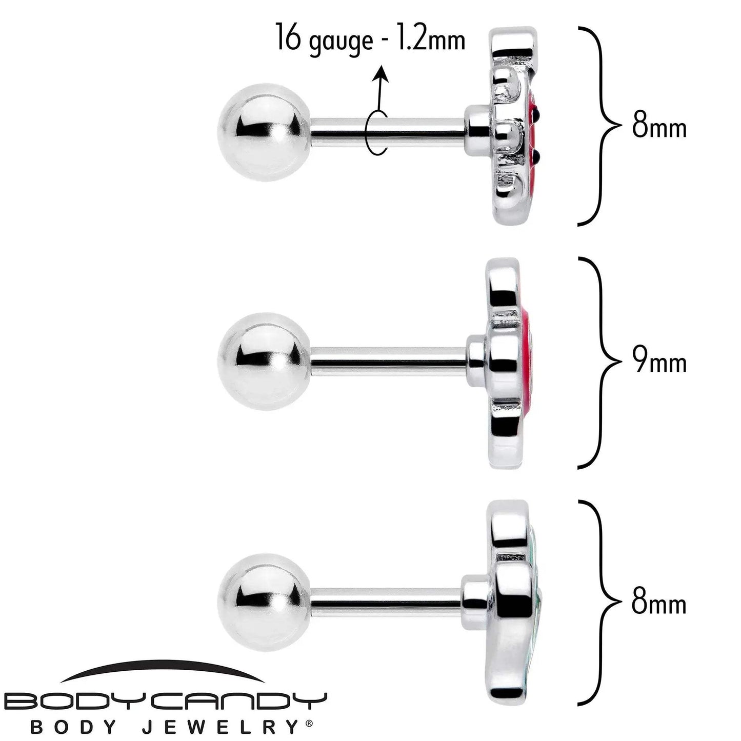 16G 1/4 Ladybug Hippie Flower Cartilage Tragus Earring Set of 3 - BodyCandy - Flyclothing LLC