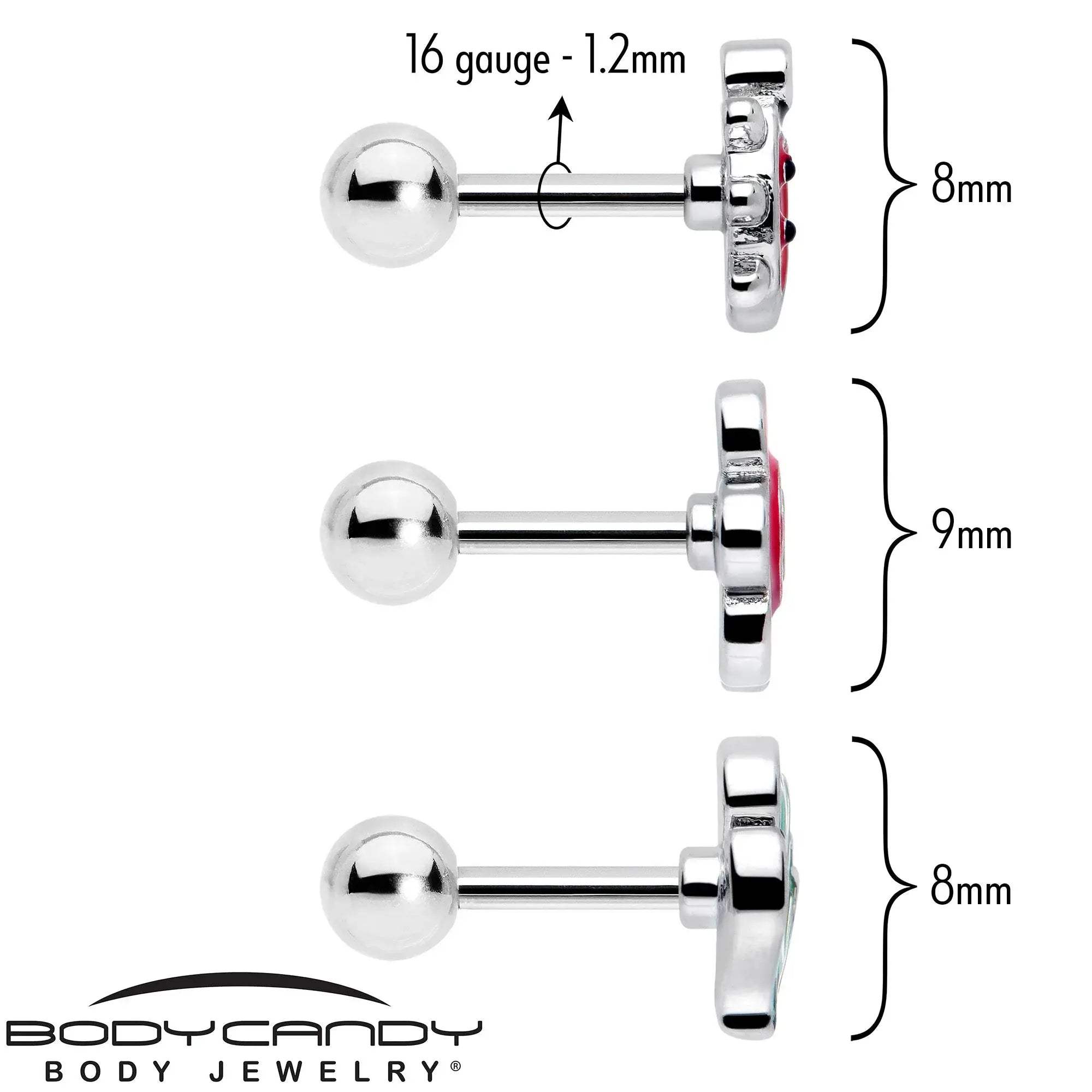 16G 1/4 Ladybug Hippie Flower Cartilage Tragus Earring Set of 3 - BodyCandy - Flyclothing LLC