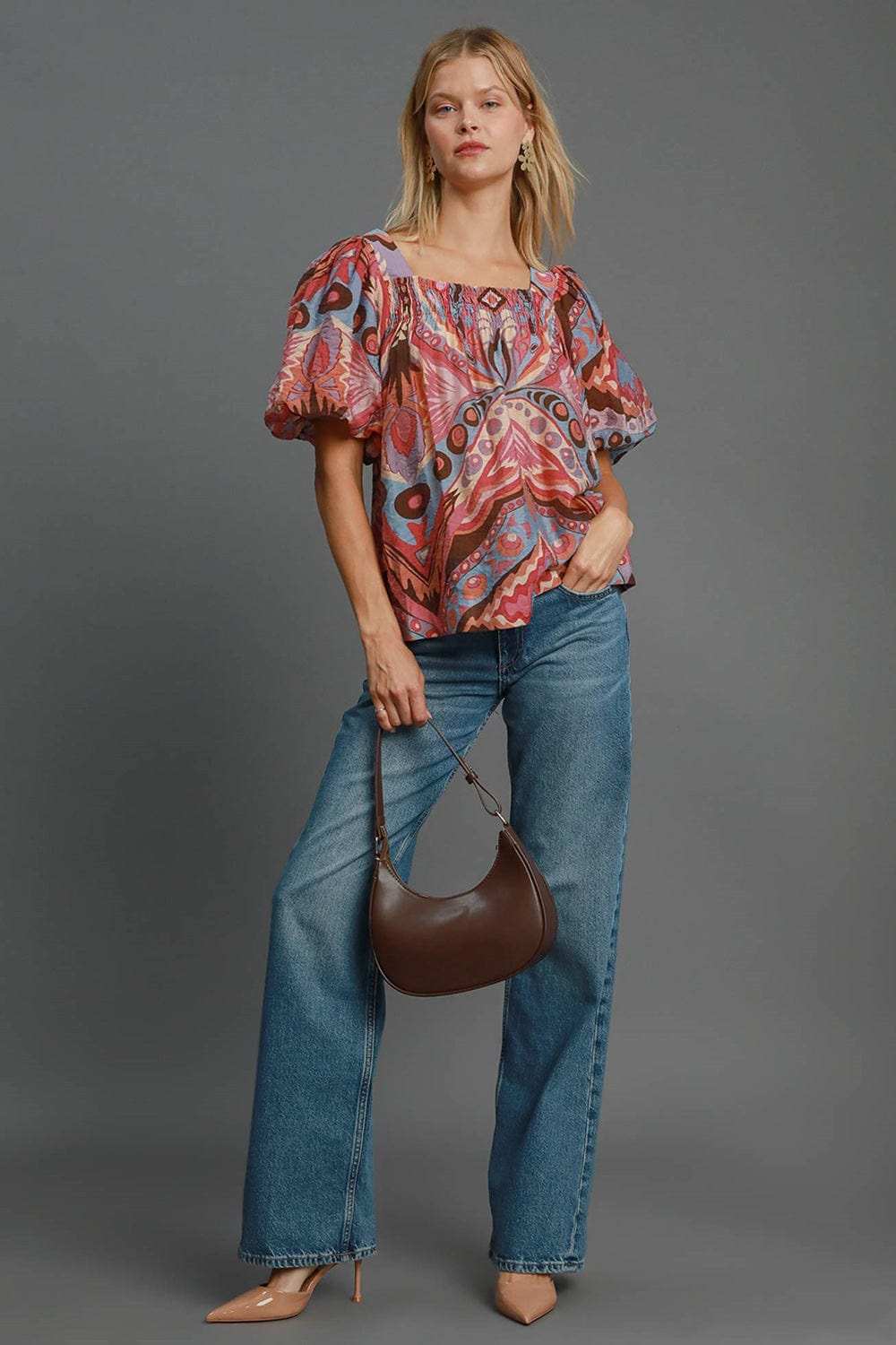 Umgee Full Size Abstract Print Smocked Square Neck Puff Sleeve Blouse - Trendsi - Flyclothing LLC