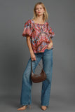 Umgee Full Size Abstract Print Smocked Square Neck Puff Sleeve Blouse - Trendsi