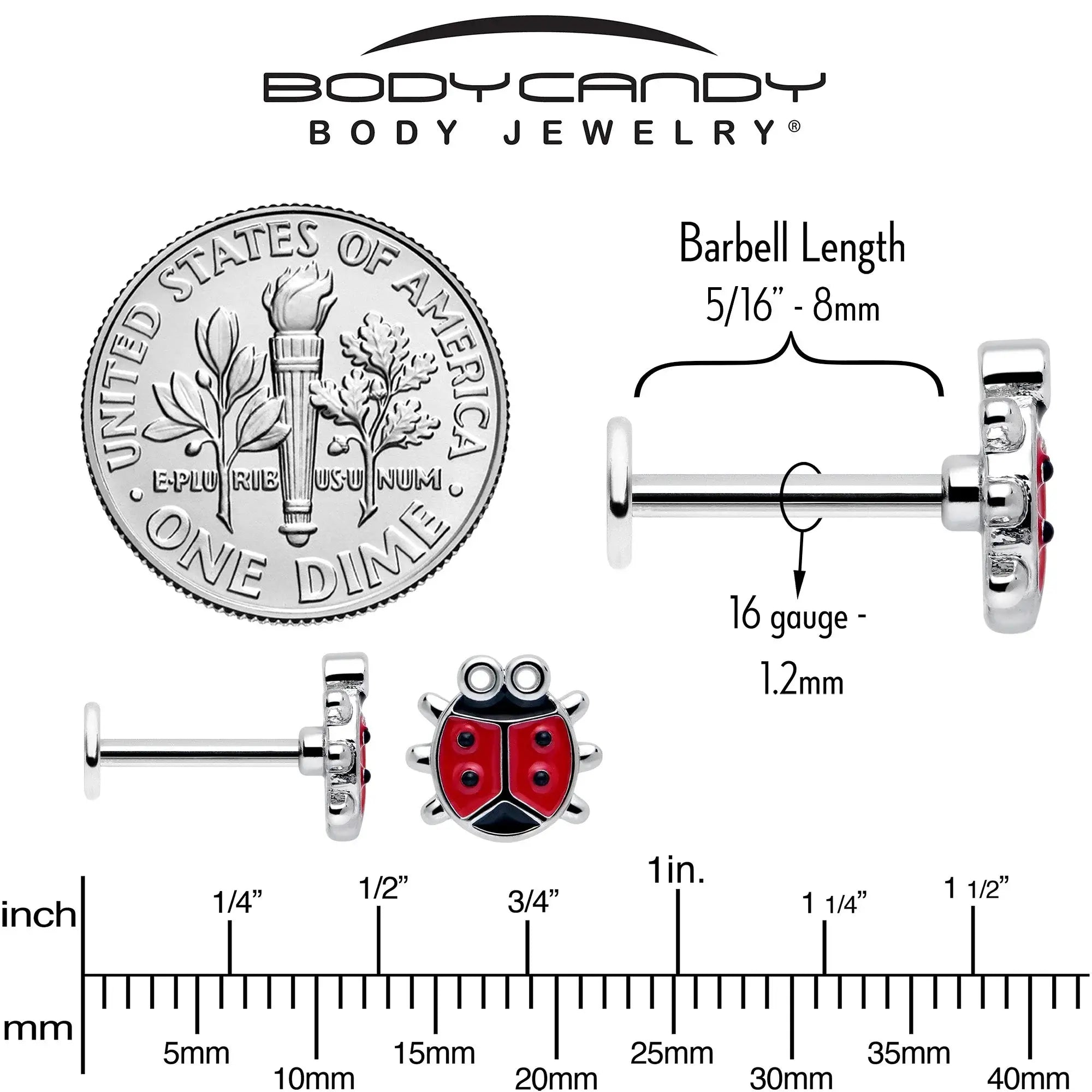 16G 5/16 Ladybug Hippie Flower Labret Monroe Tragus Set of 3 - BodyCandy - Flyclothing LLC