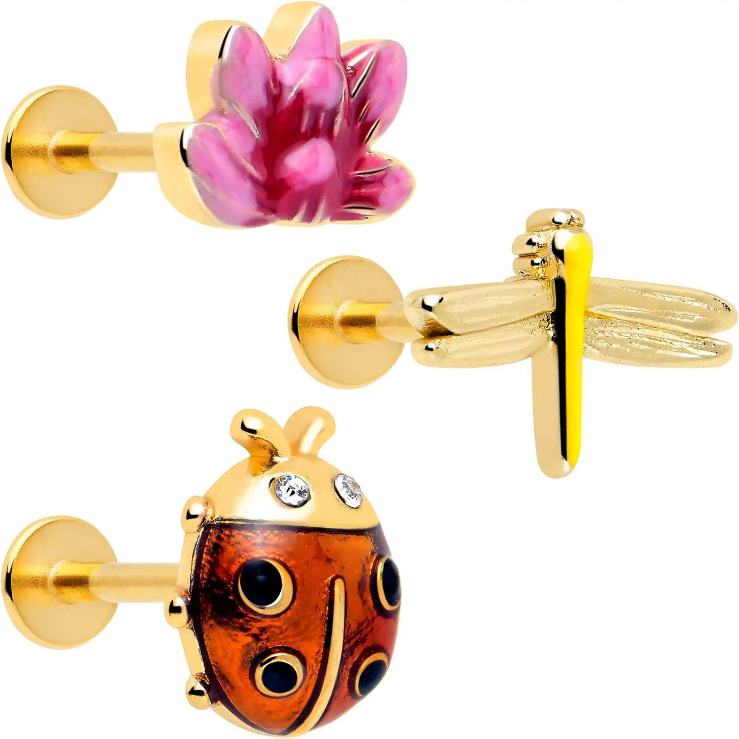 16G 5/16 Clear Gem Gold Tone Ladybug Lotus Labret Tragus Set of 3 - BodyCandy - Flyclothing LLC
